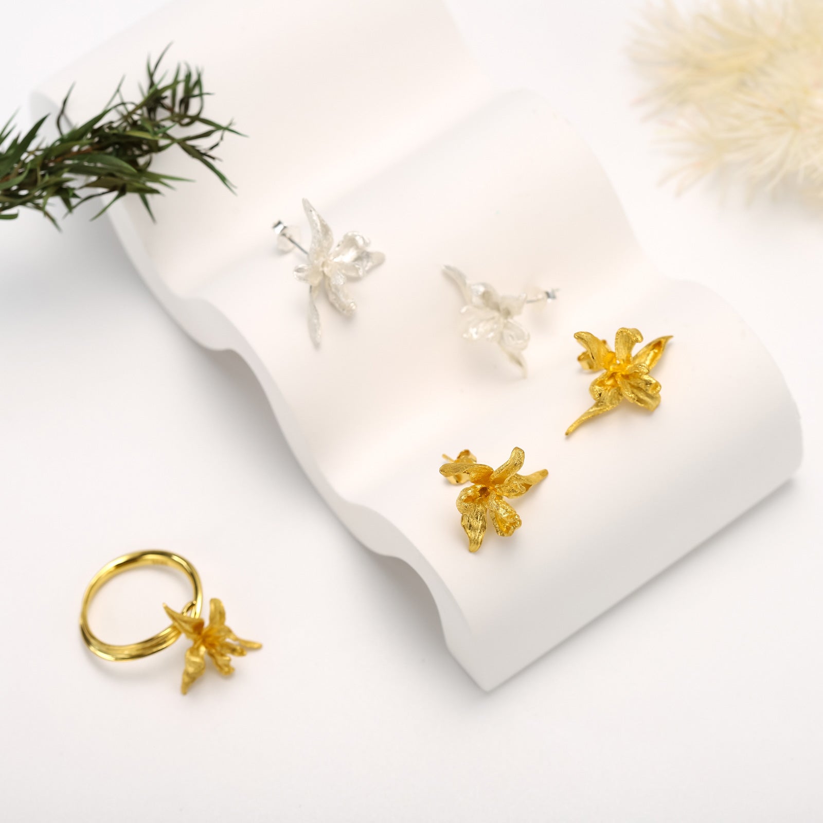 Iris Flower Stud Earrings Silver Jewelry Set