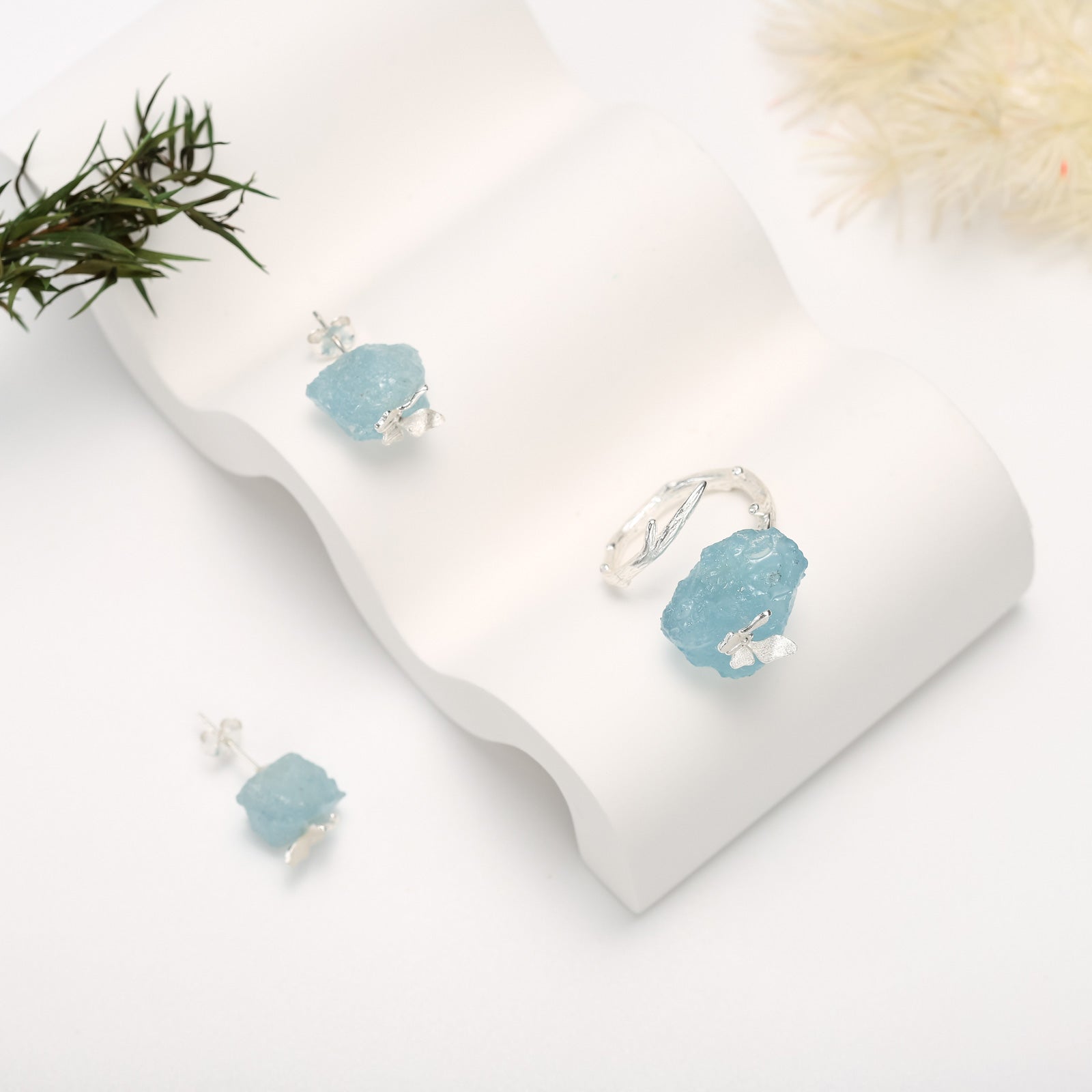 Aquamarine Butterfly Ring Jewelry Set