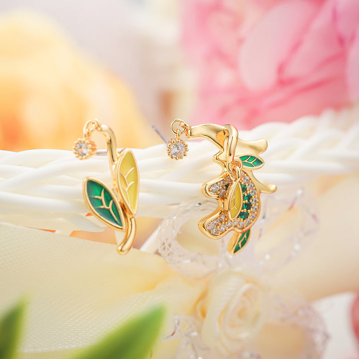 Green Leaf Gold Dangle Earrings