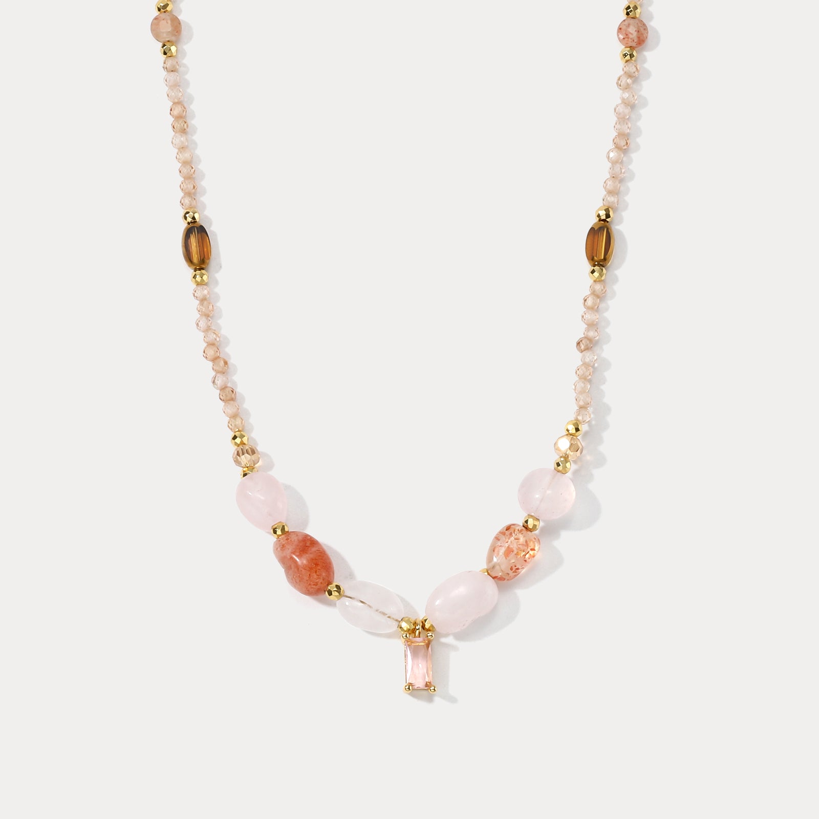 Selenichast Rose Quartz Gemstone Beaded Necklace