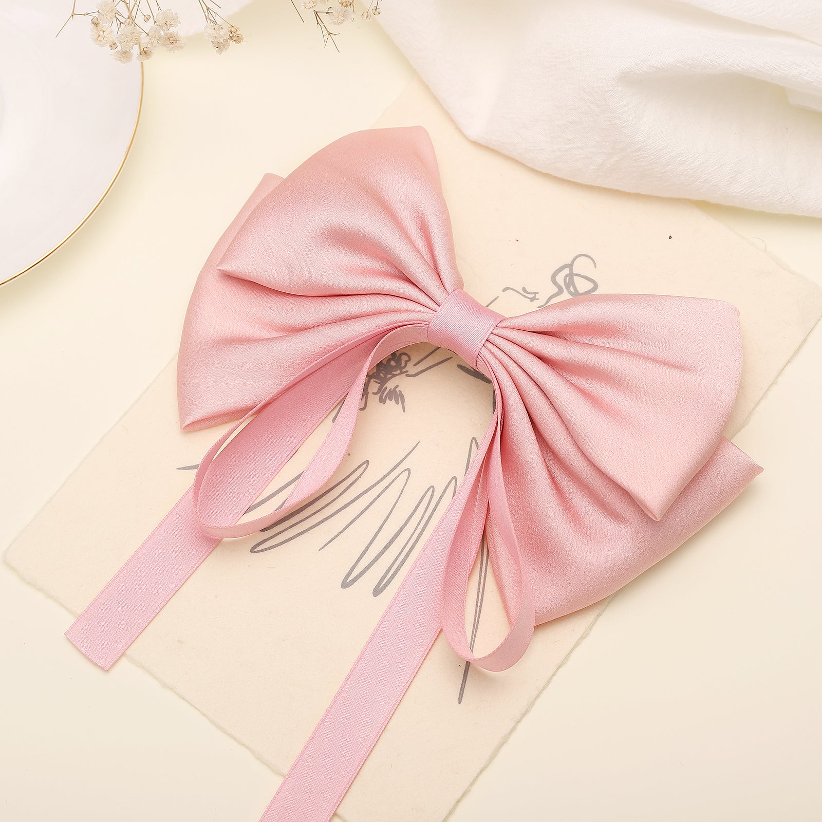 Pink Bow Ribbon Silk Hair Clips