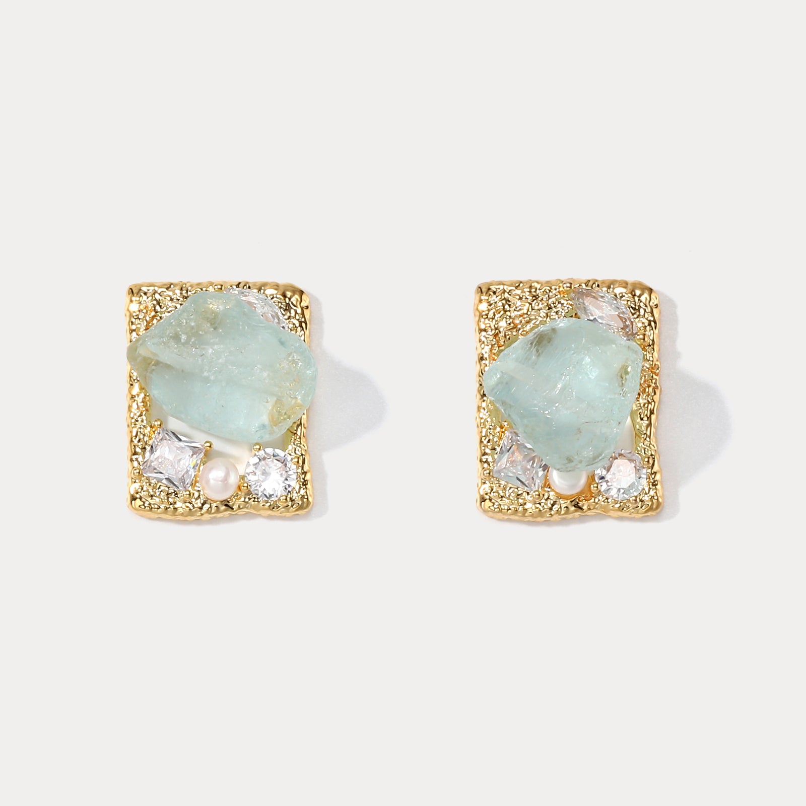 Selenichast Gold Aquamarine Rough Gemstone Square Earrings
