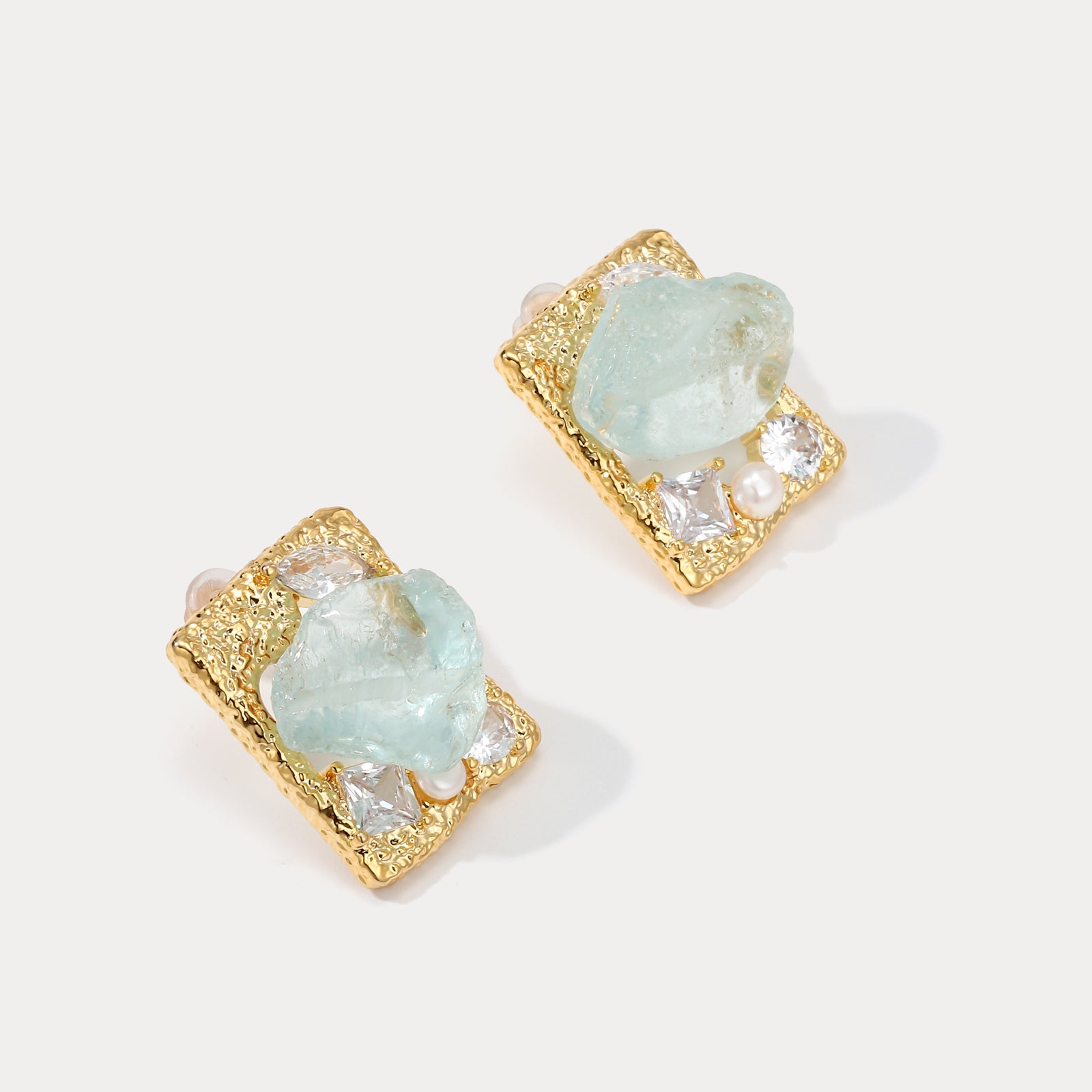 Gold Aquamarine Rough Gemstone Square Earrings