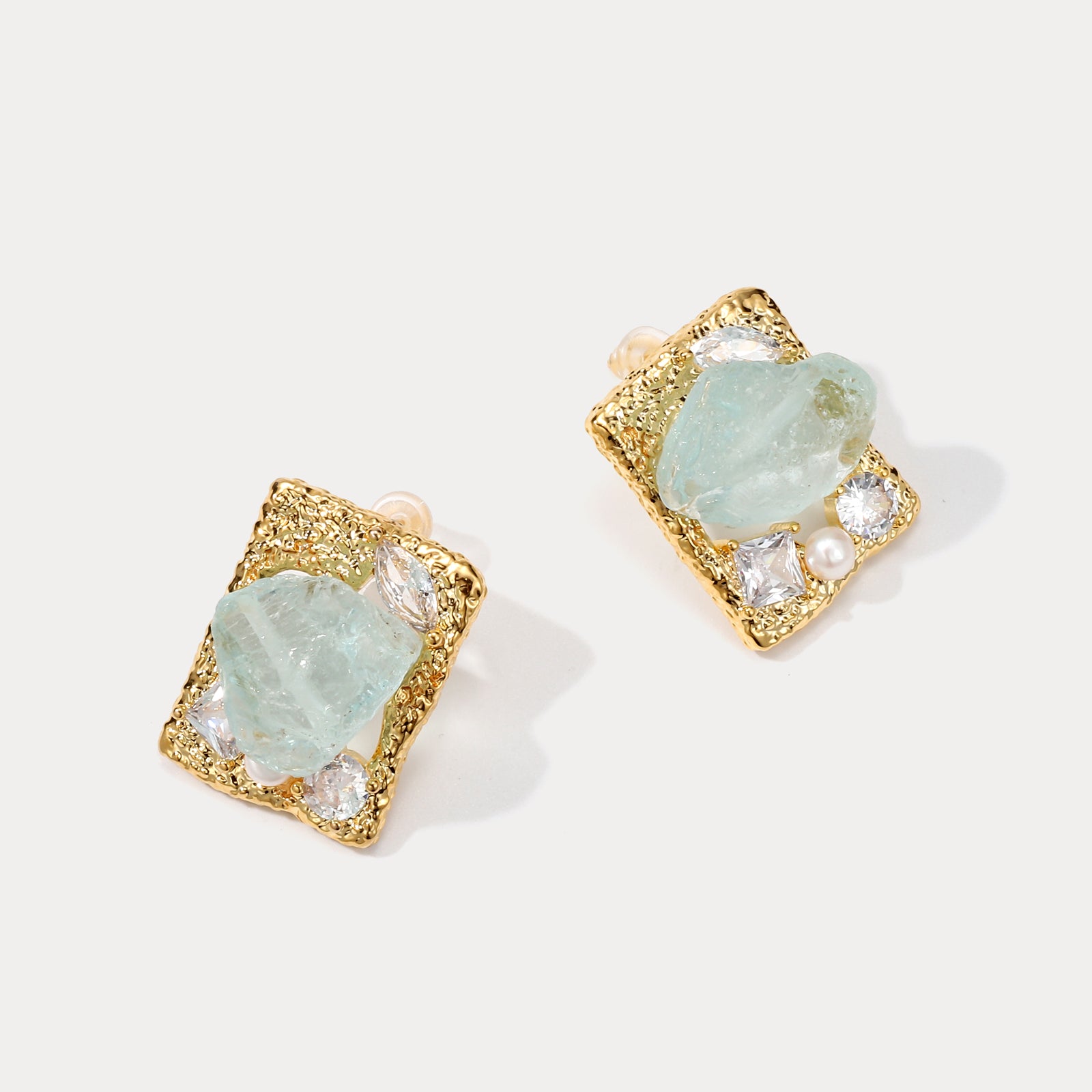 Gold Aquamarine Rough Gemstone Square Earrings