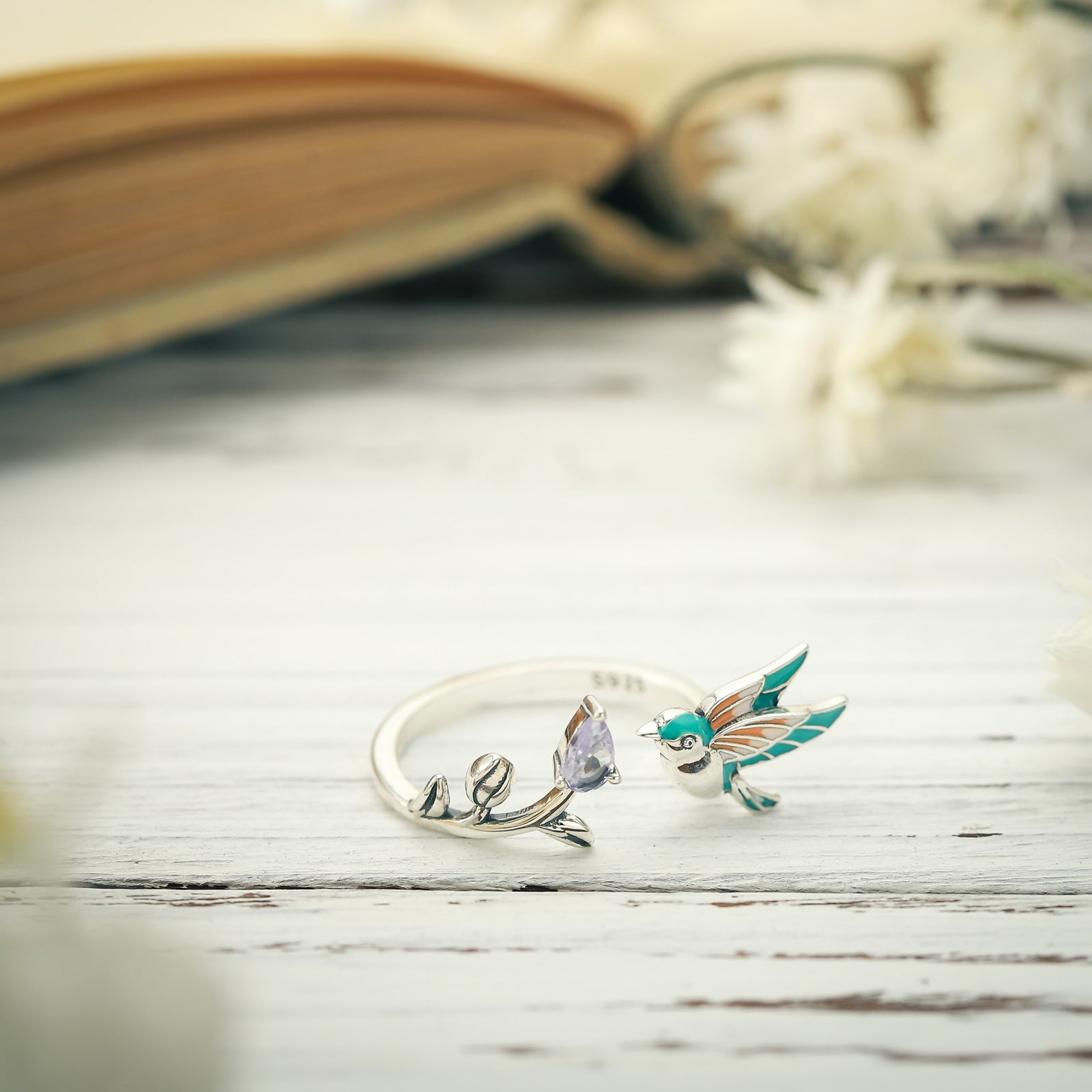Silver Hummingbird Purple Diamond Ring