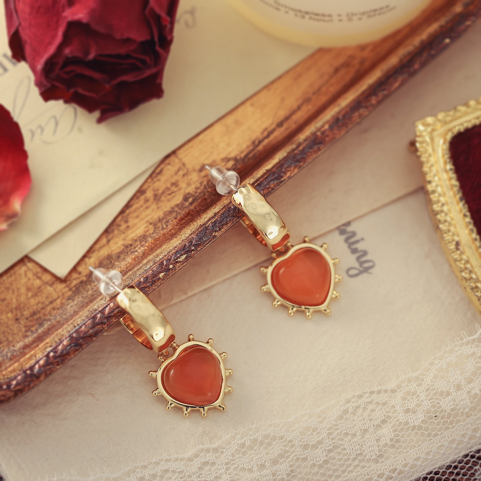 Romantic Heart Orange Gold Earrings