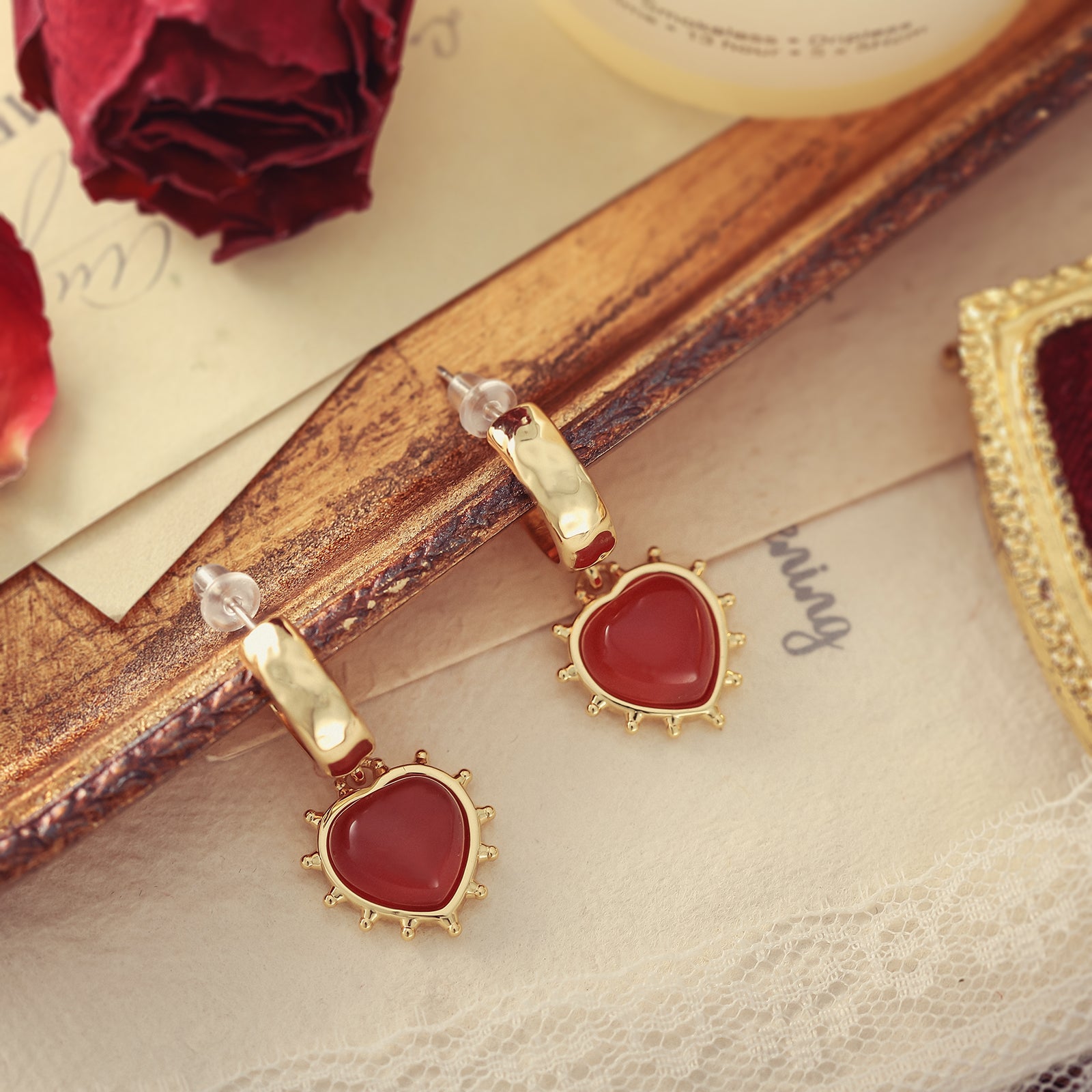 Romantic Heart Burgundy Dangling Earrings