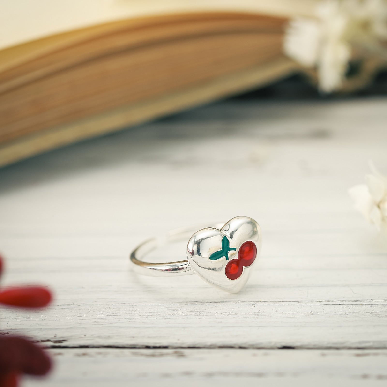 Silver Cherry Heart Ring