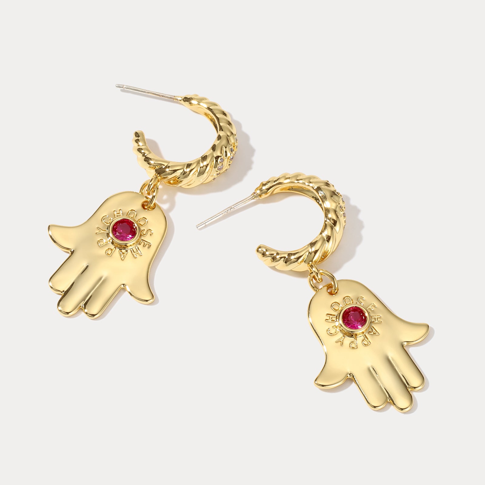 Ruby in Hand 18k Gold on Brass Earrings 