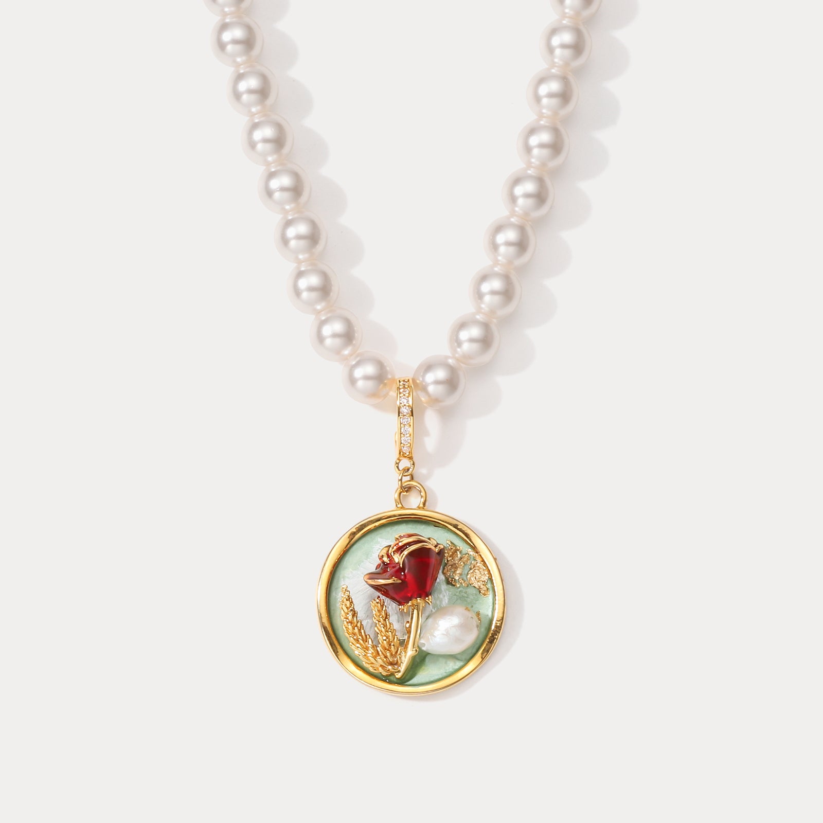 Selenichast Rose Pendant Oil Painting Necklace