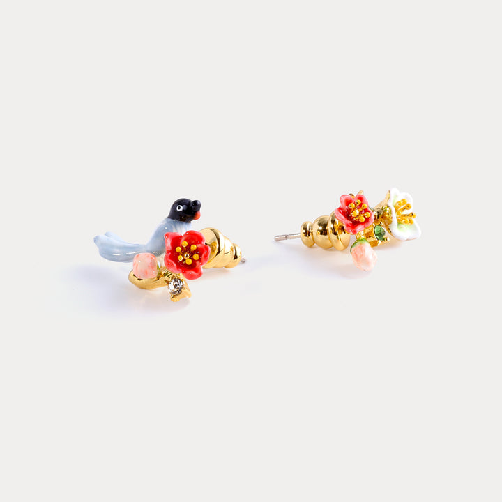 Red-billed Blue Magpie Flower Earrings