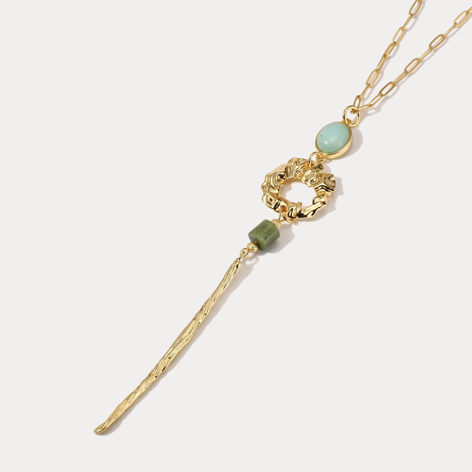 Green Gemstone Long Gold Necklace