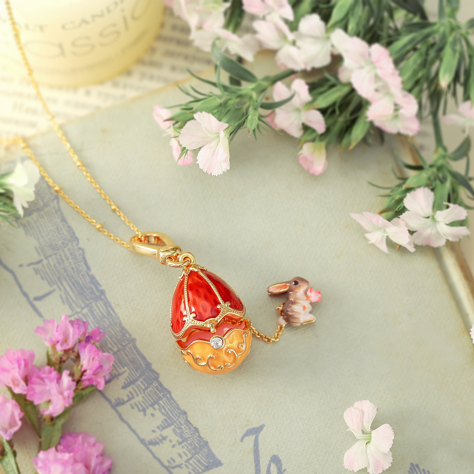 Rabbit & Rose Egg Locket Gold Pendant Necklace