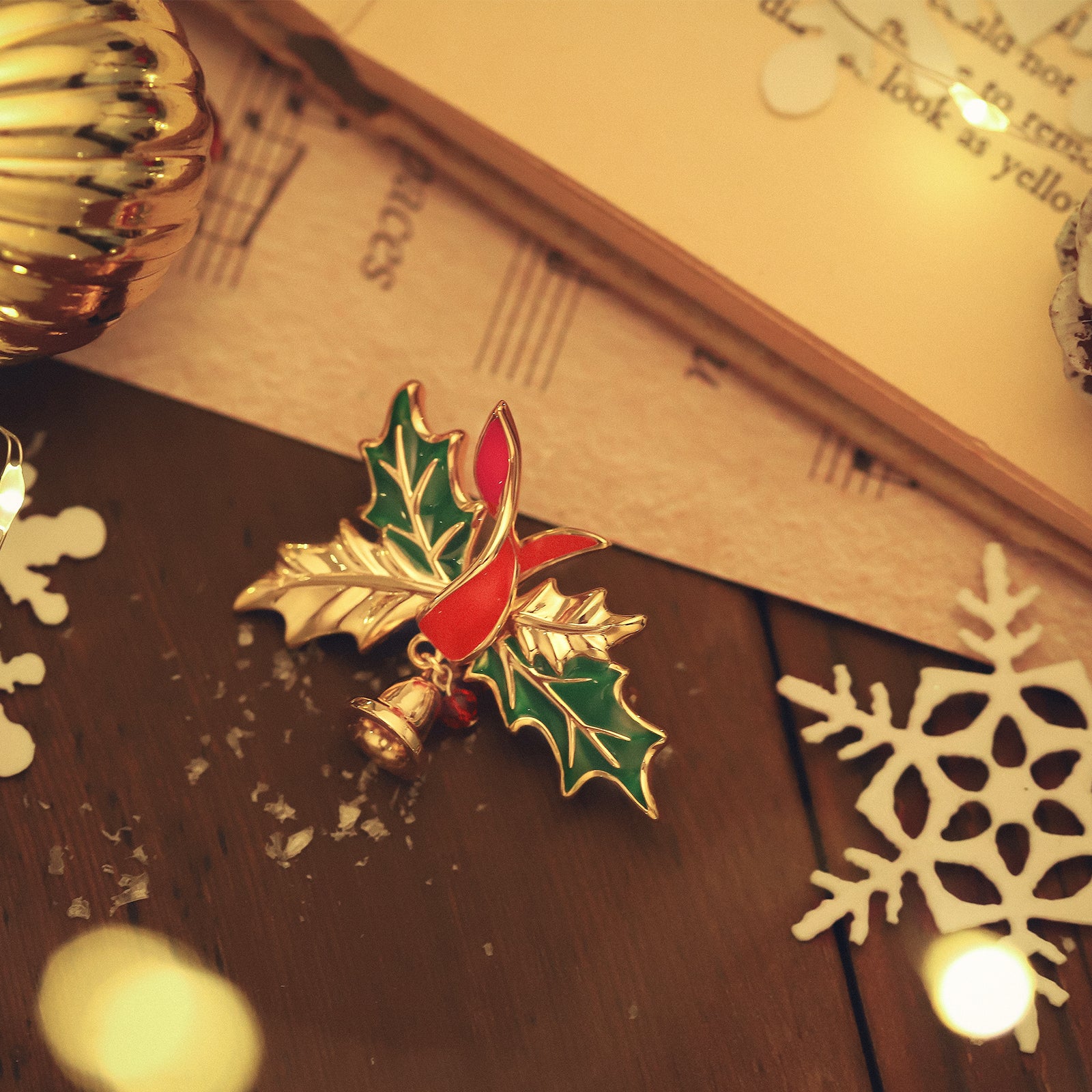 Vintage Christmas Holly Bell Brooch