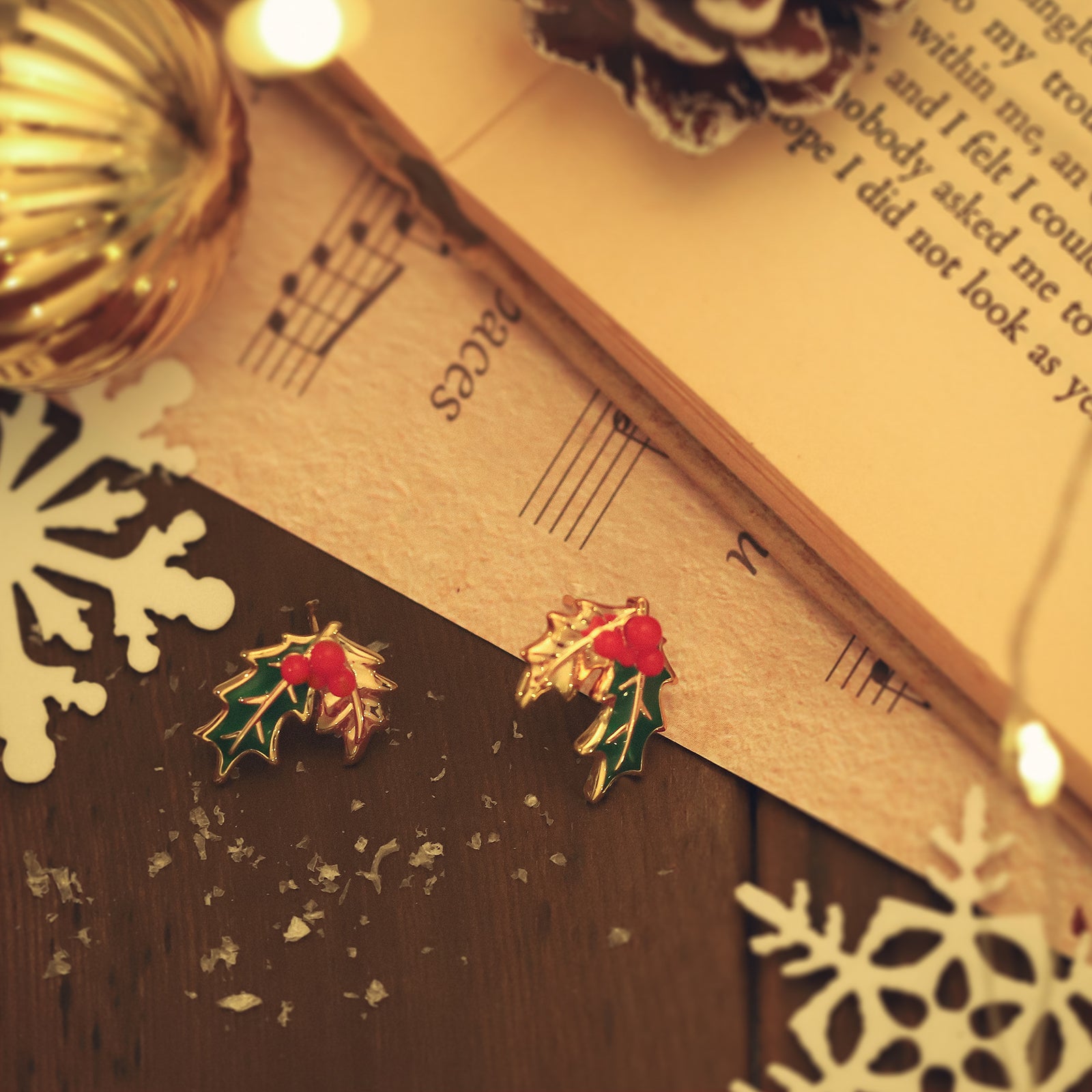 Vintage Merry Christmas Holly Earrings