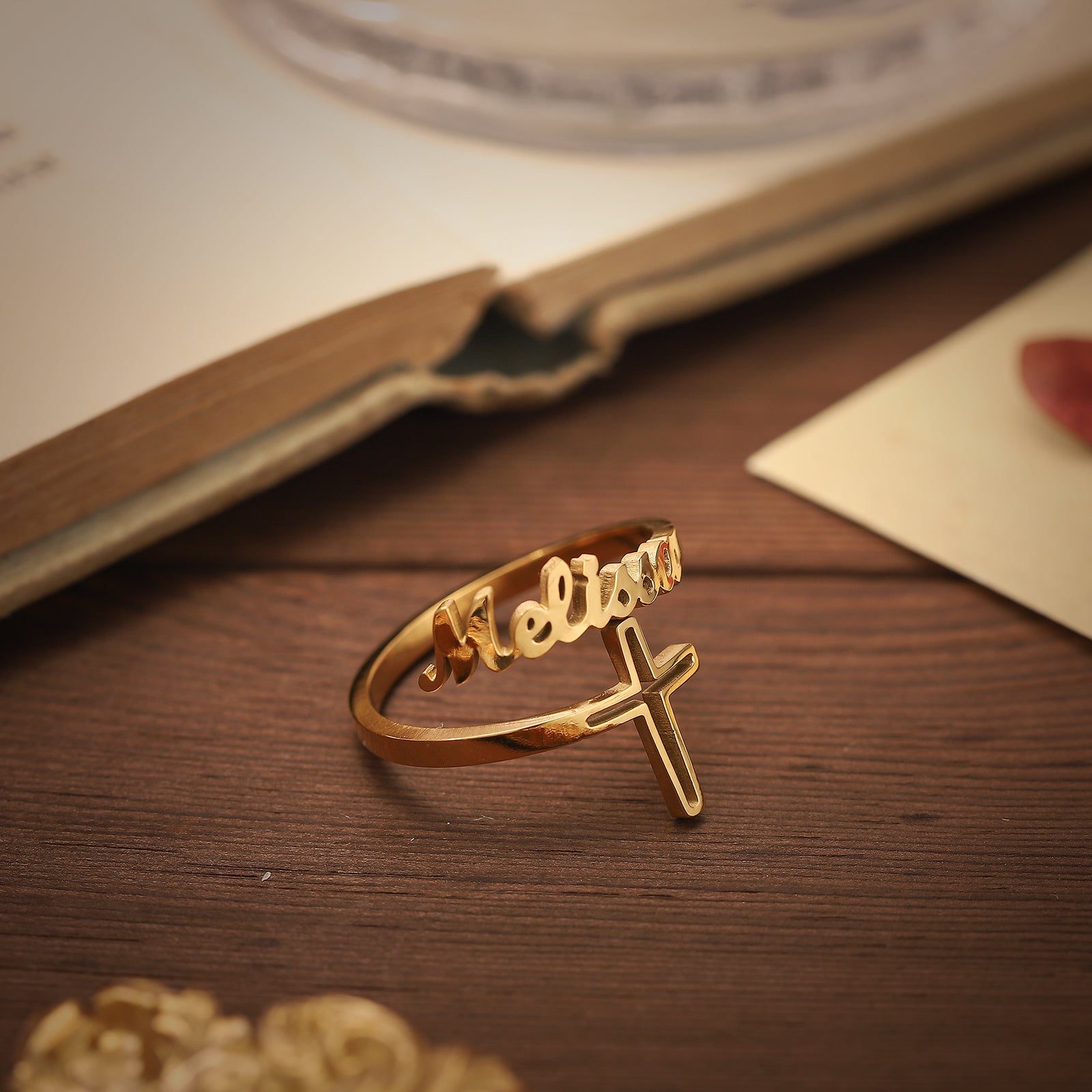 Personalized Name Cross Ring
