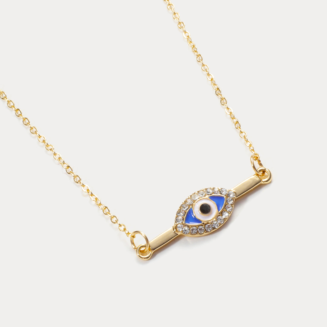 Diamond Heart Evil Eye Bar Necklace