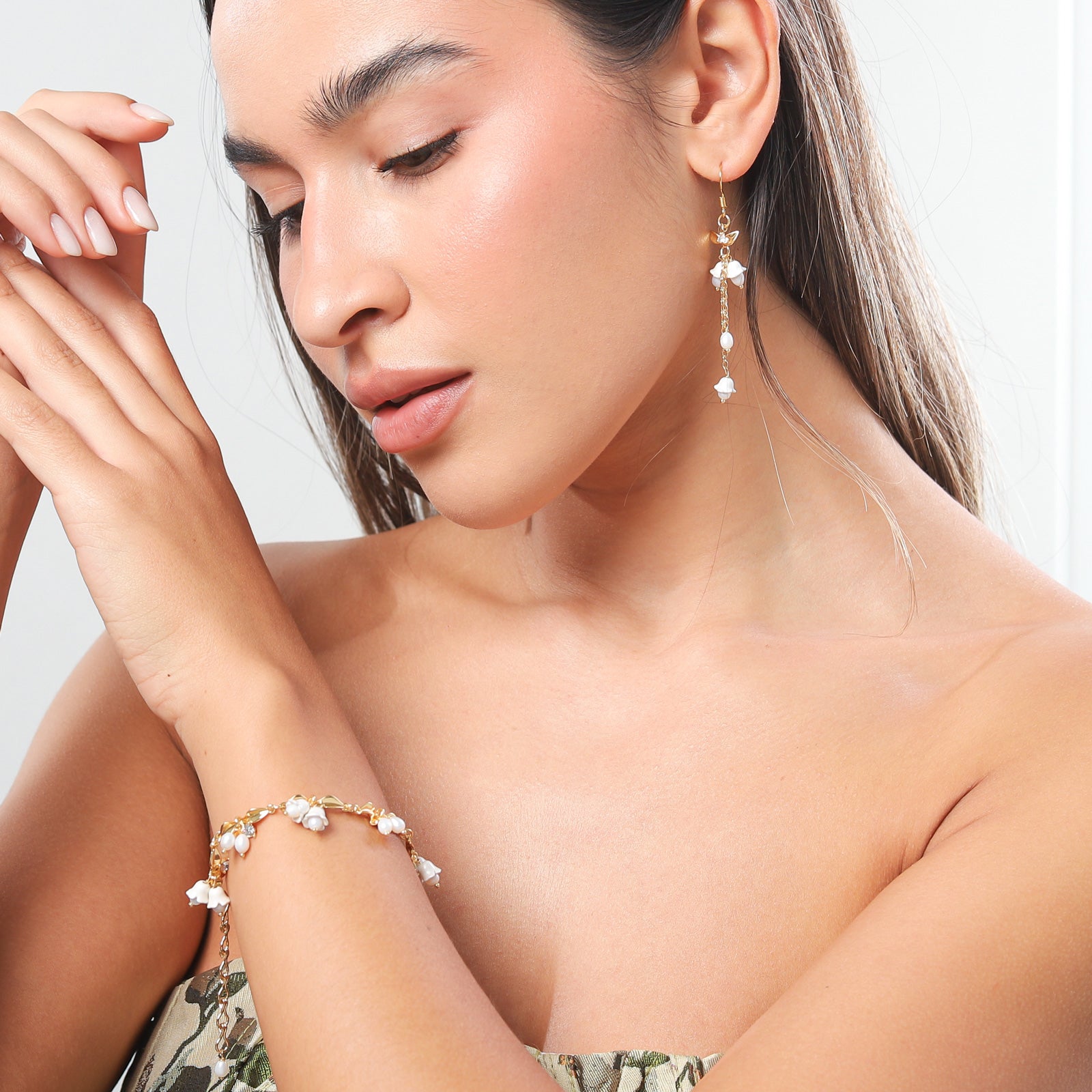 Golden Lily of The Valley Earrings and Bracelet for Women