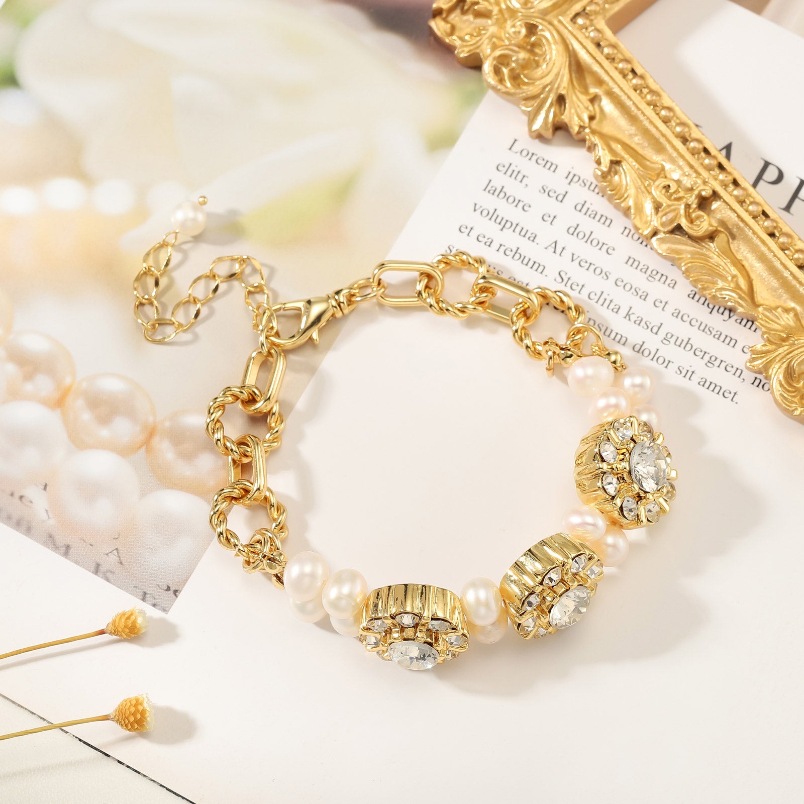 Diamond Blossom Pearl Gold Bracelet