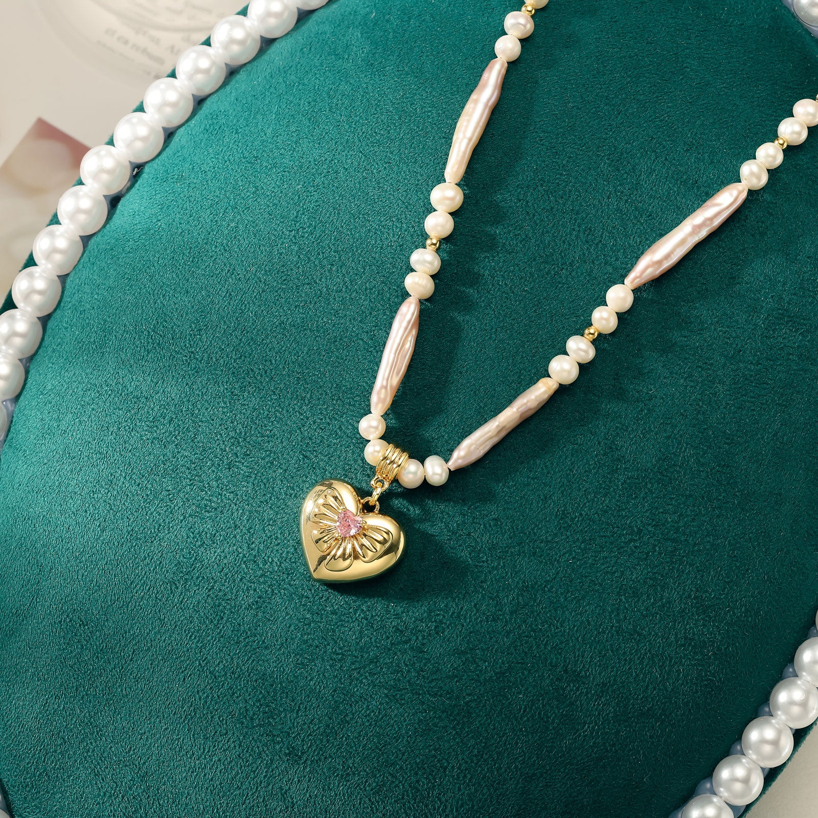 Pink Heart Pearl Brass Necklace