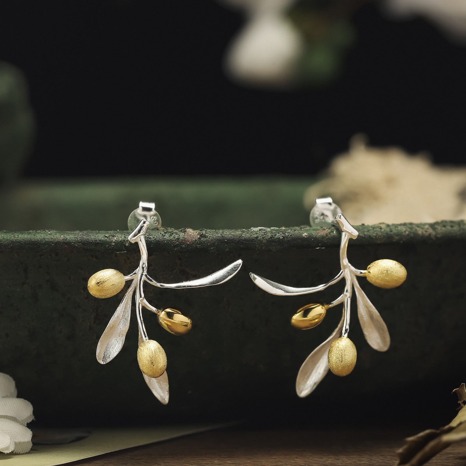 Selenichast Olive Branch Silver Earrings