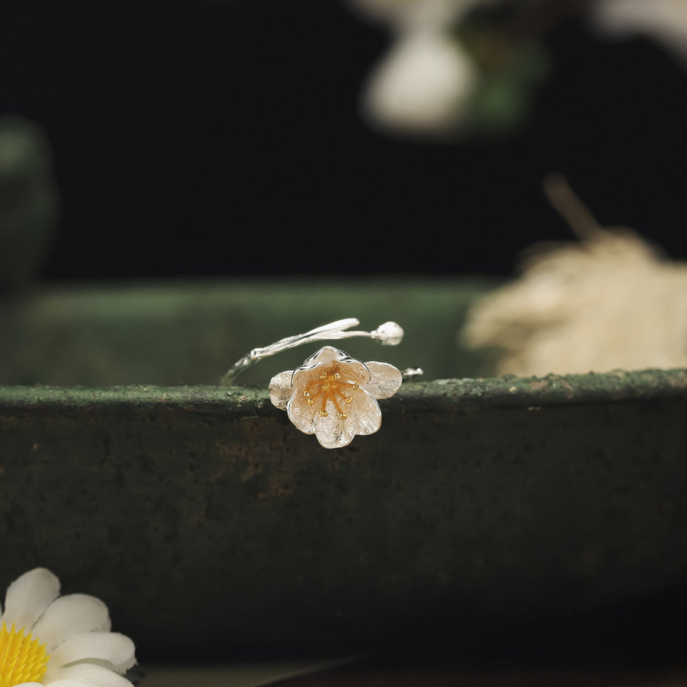 Selenichast Begonia Flower Silver Ring  