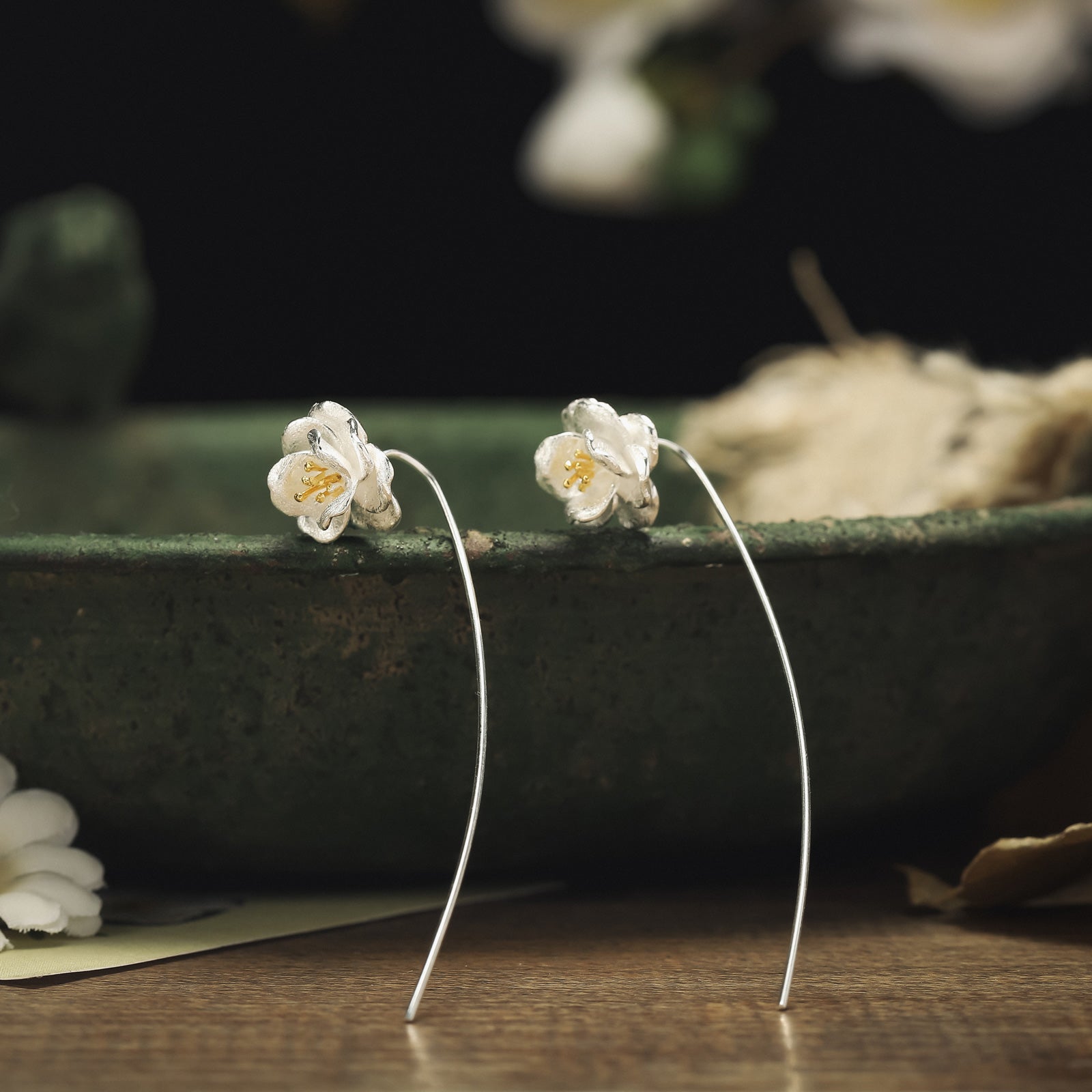 Camellia Hook Silver Earrings    