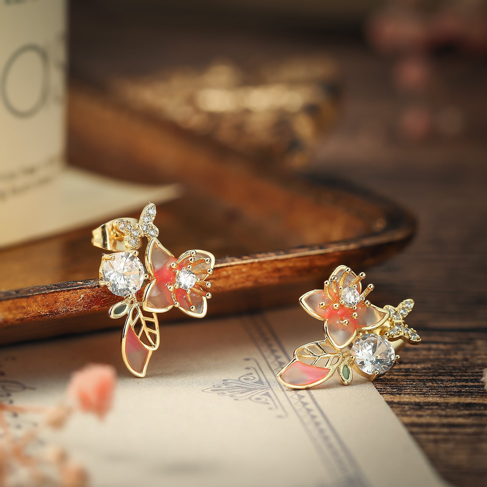 Pink FLOWER STUD EARRINGS - Japanese Sakura 2024 Stud - Gold Flower Earrings - Floral Gold Earrings - Floral Women Jewelry - Silver Stone Earring