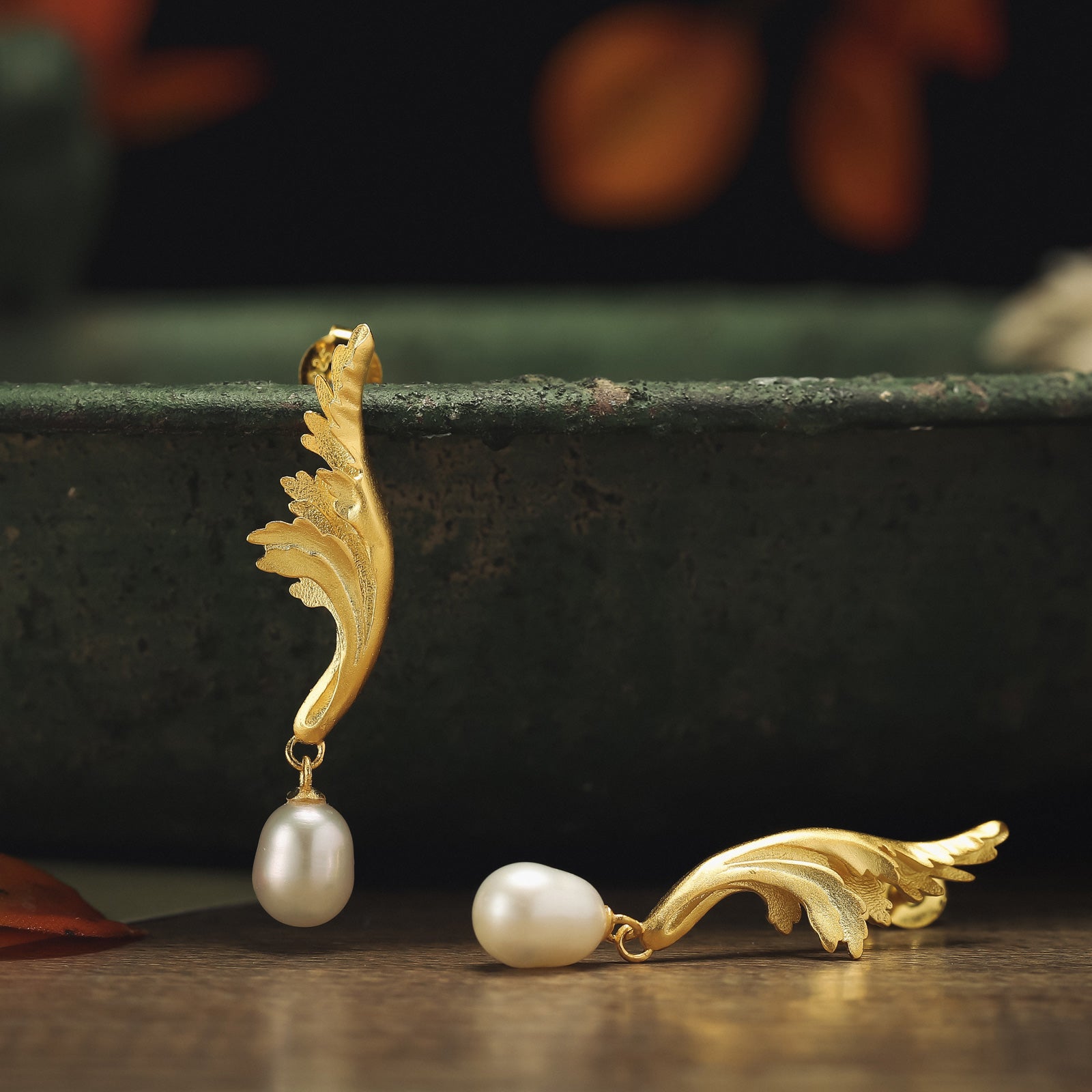 Carved Acanthus Leaf Pearl 18k Gold on Silver Earrings