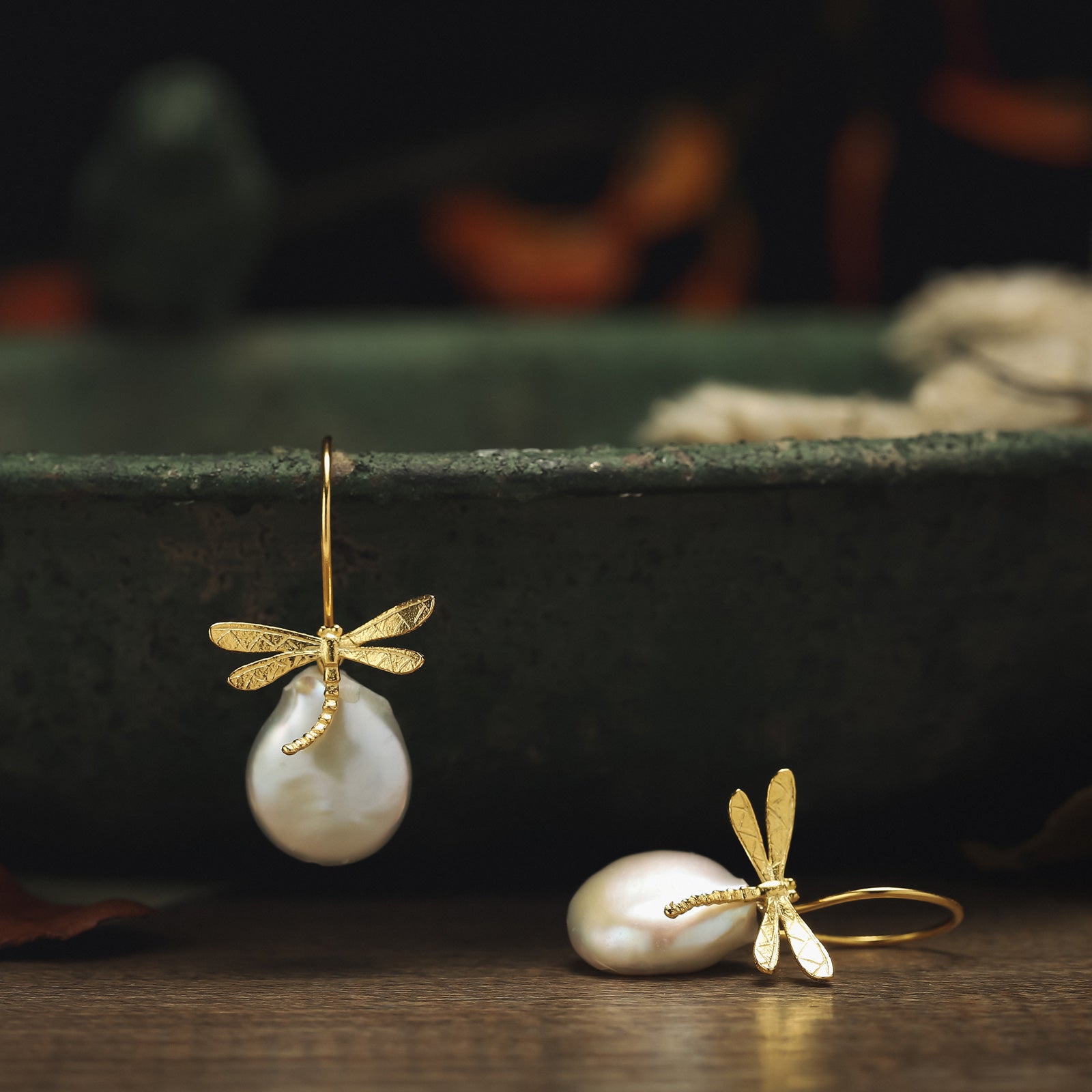 Baroque Pearl Dragonfly Gold Earrings