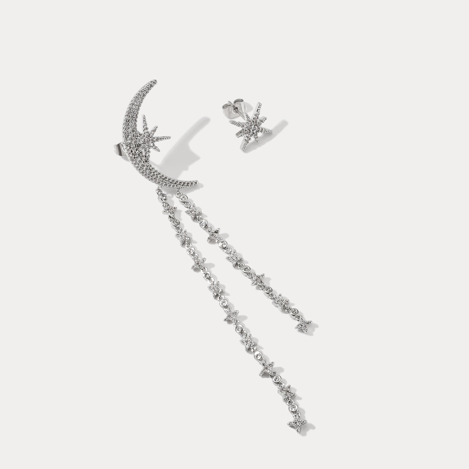 Moon Star Tassel Silver Earrings