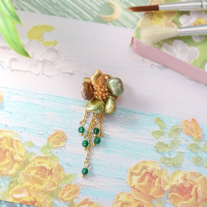 Painted Pearl Brooch With Dangle Green Bead