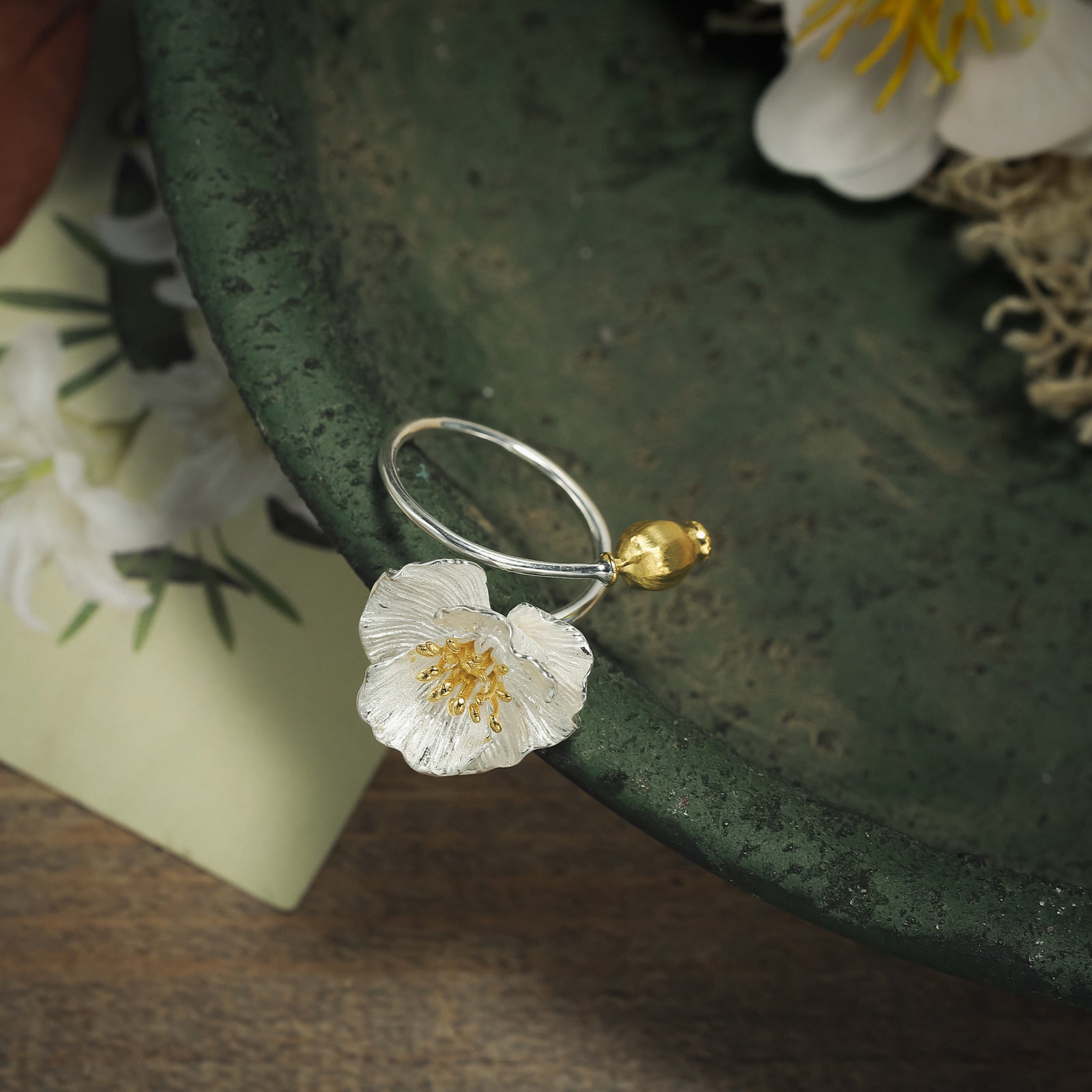 Poppy Flower Silver Ring