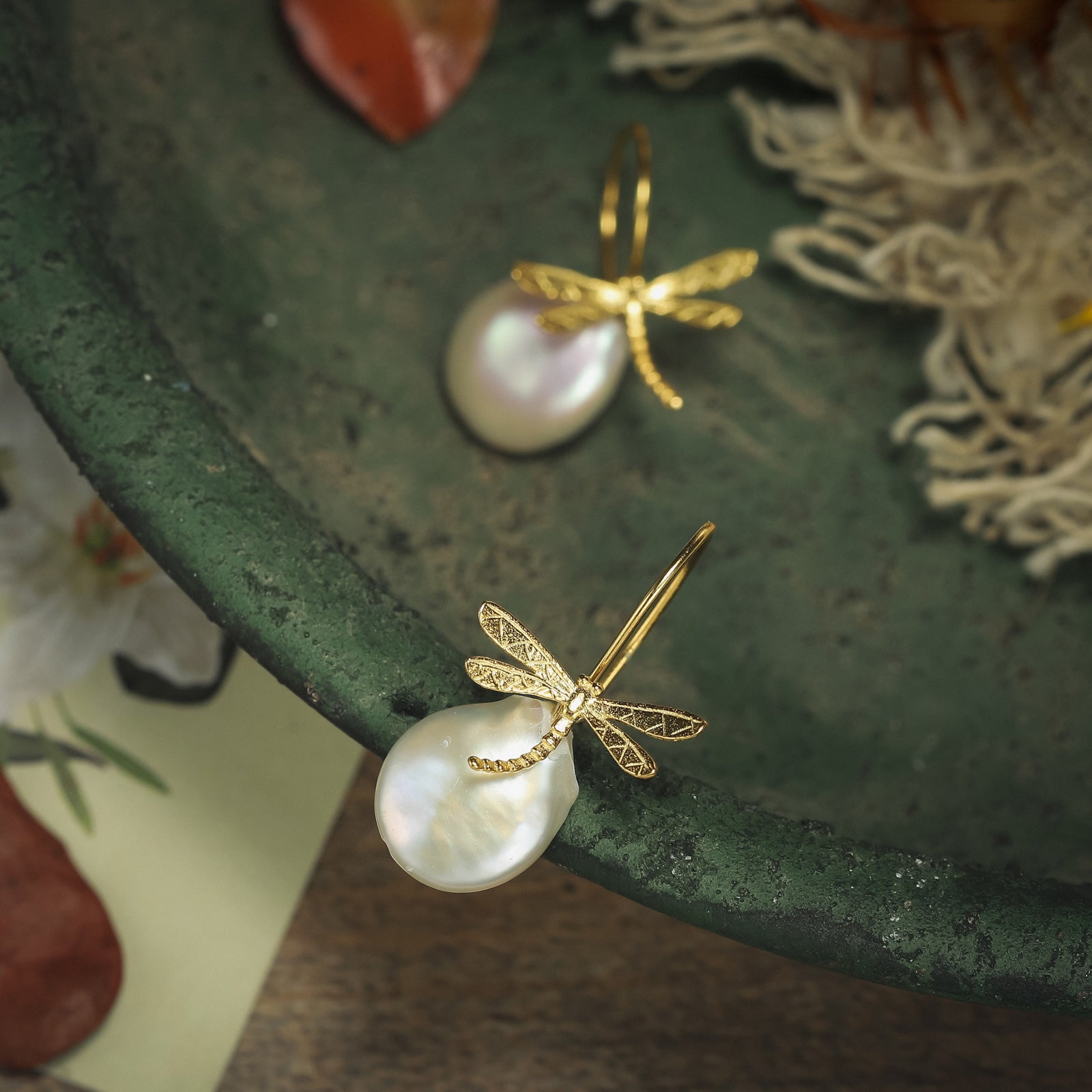 Baroque Pearl Dragonfly 18k Gold on Silver Earrings