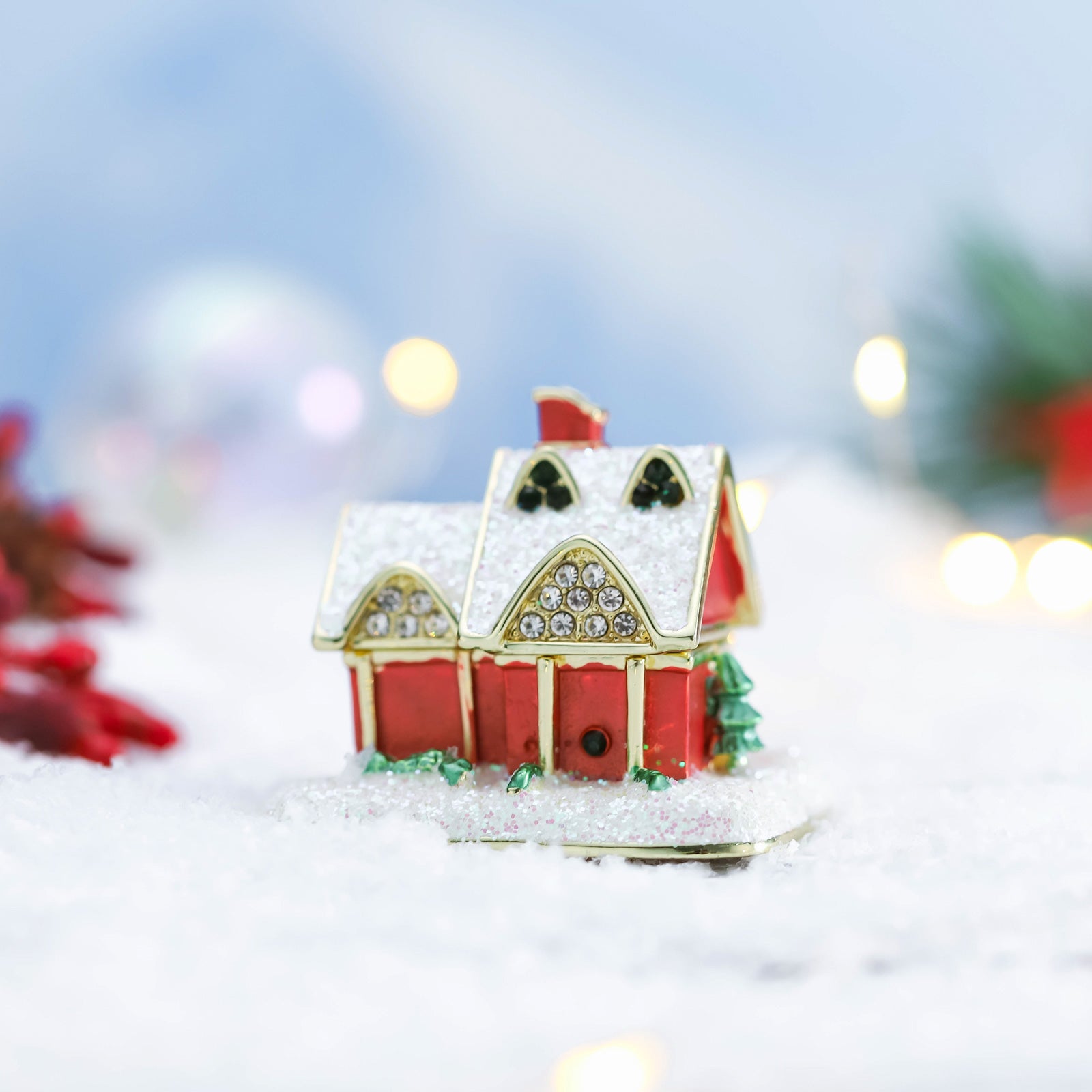 Christmas Snow House Alloy Jeweled Trinket Box