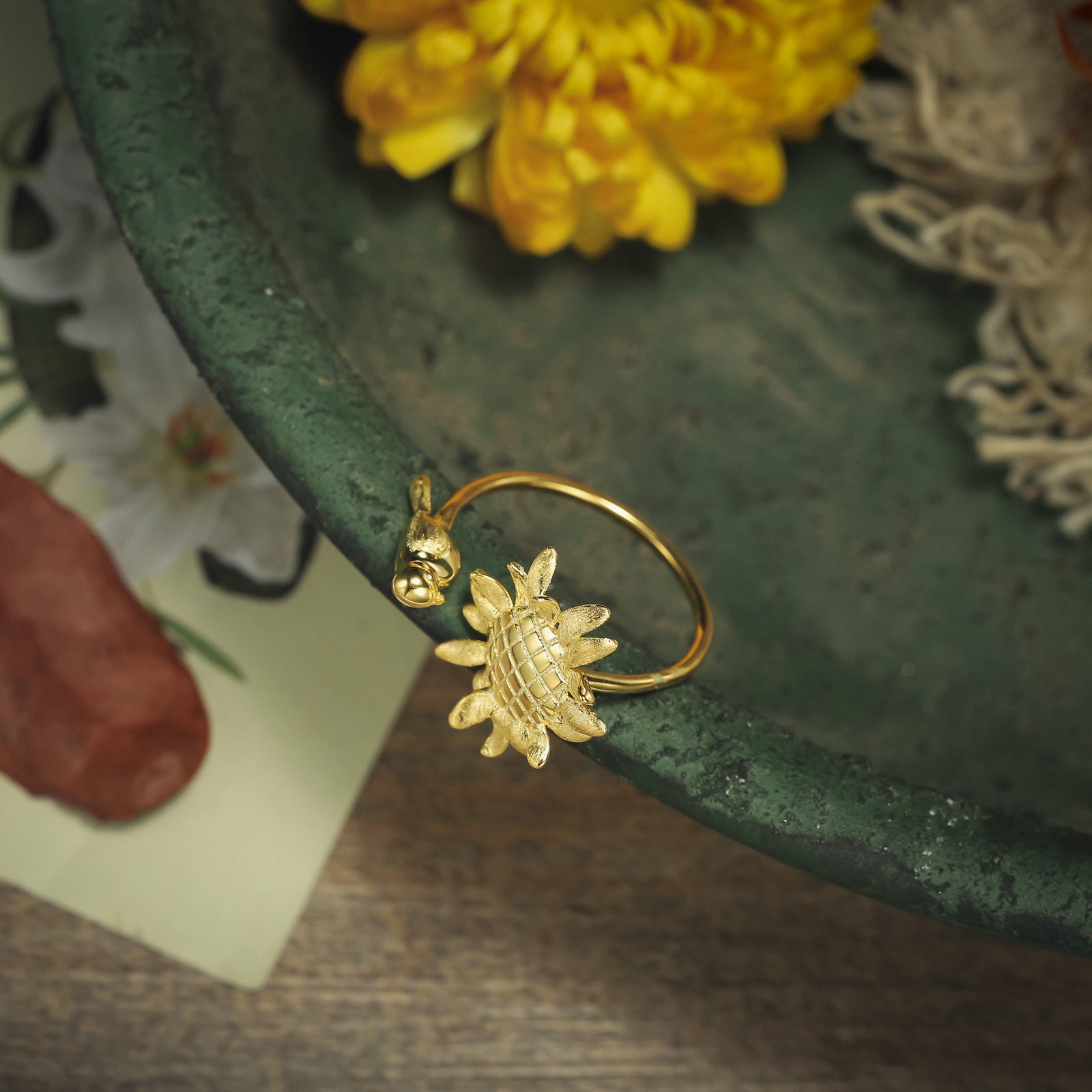 Sunflower & Bird Gold Open Ring