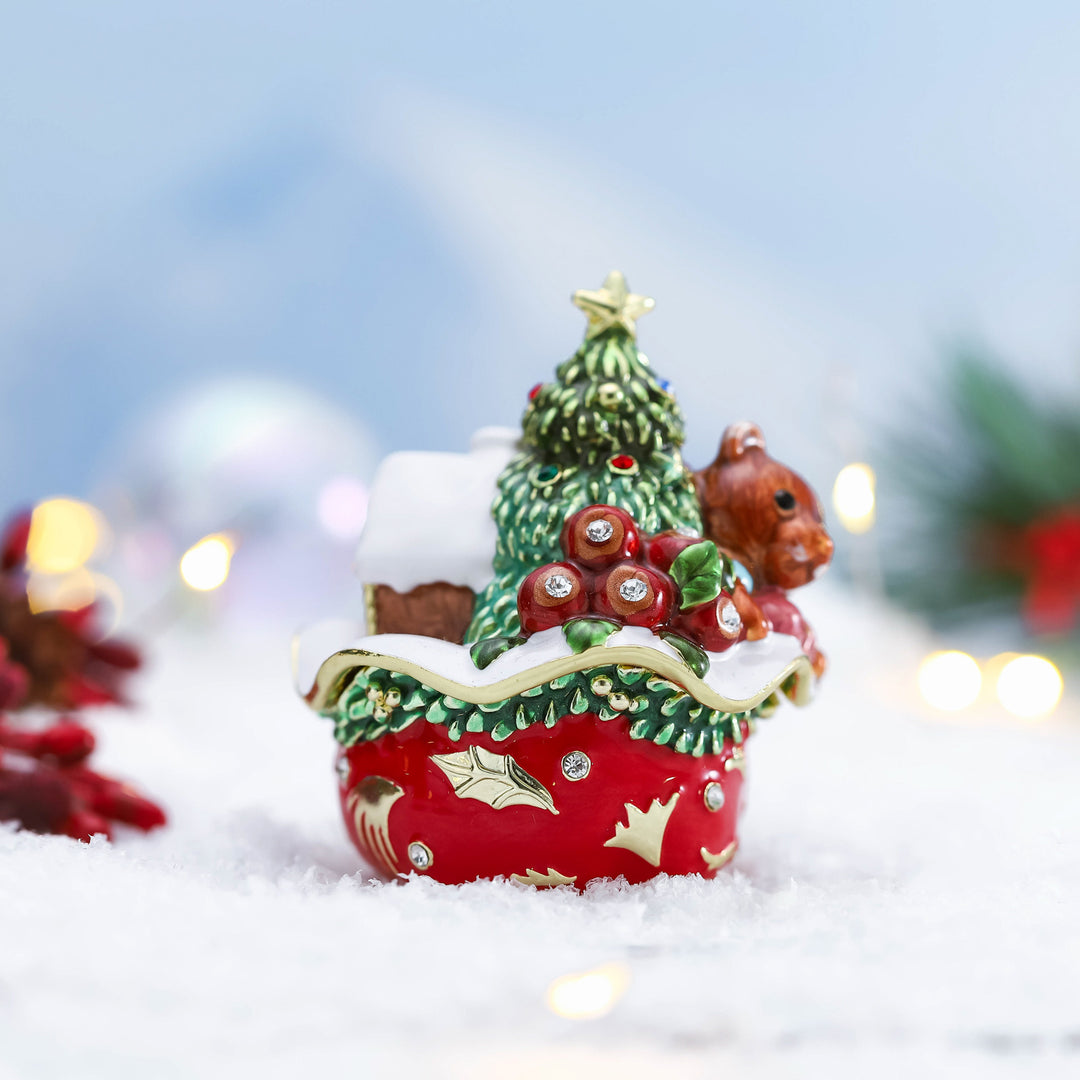 Fluffy Bear Under Christmas Tree Gold Jeweled Trinket Box