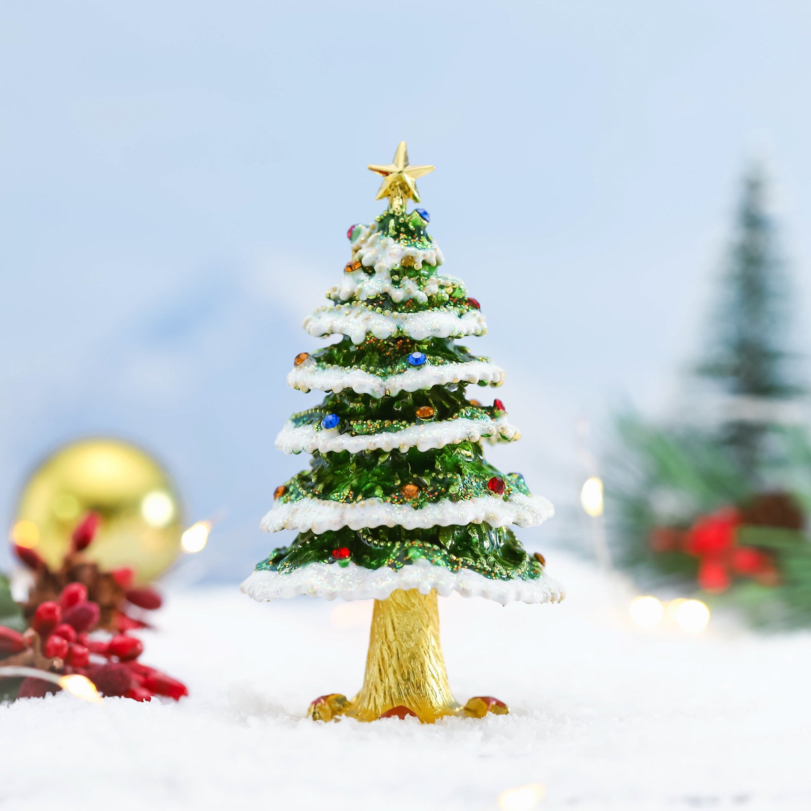Snow Christmas Tree Alloy Jeweled Trinket Box