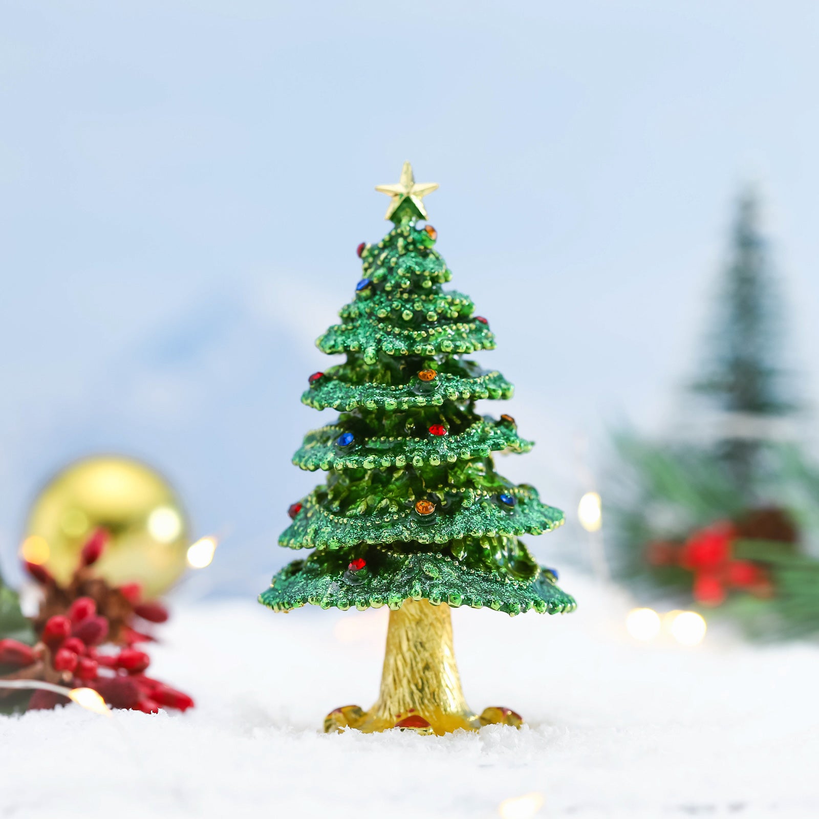 Winter Christmas Tree Jeweled Trinket Box