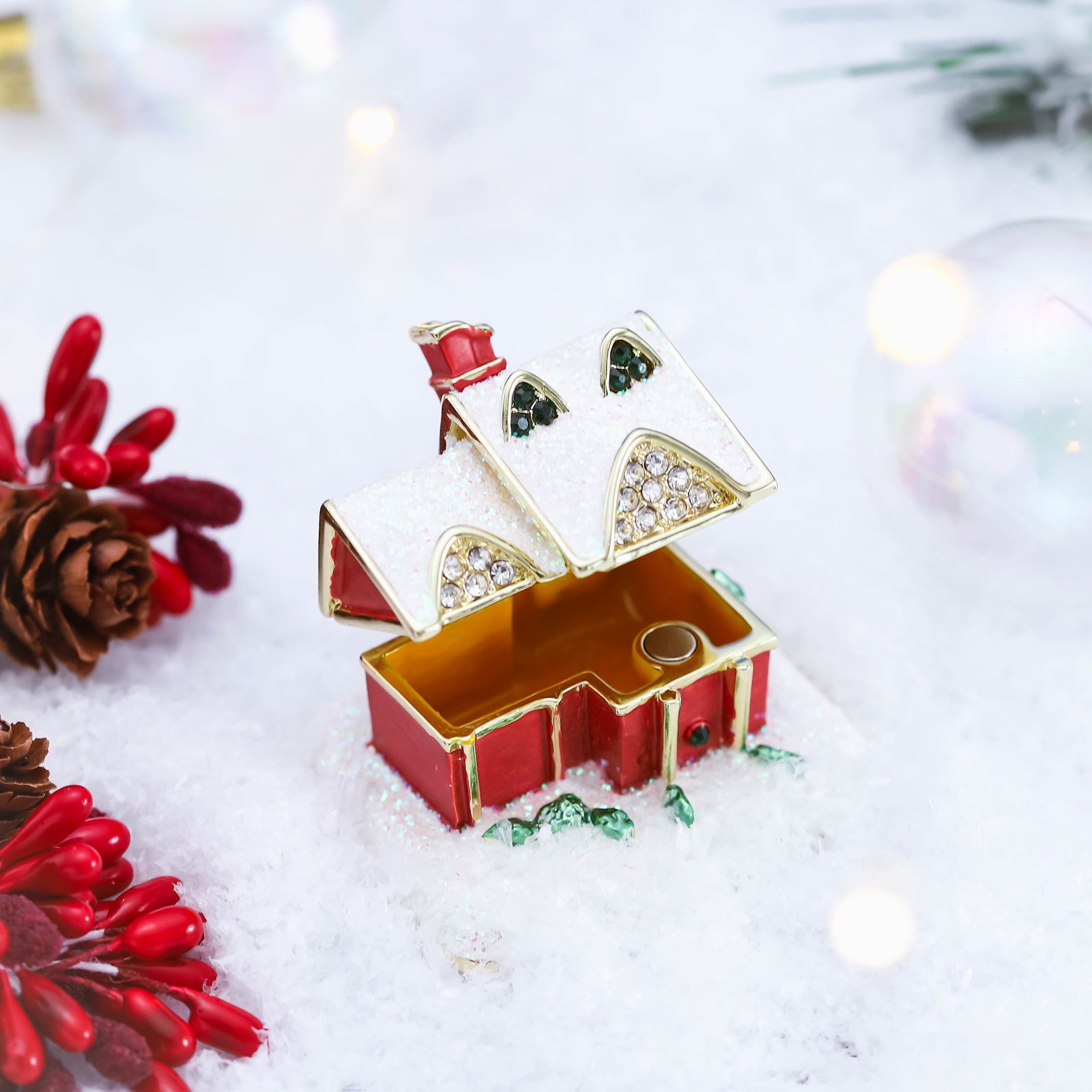 Christmas Winter Snow House Jeweled Trinket Box