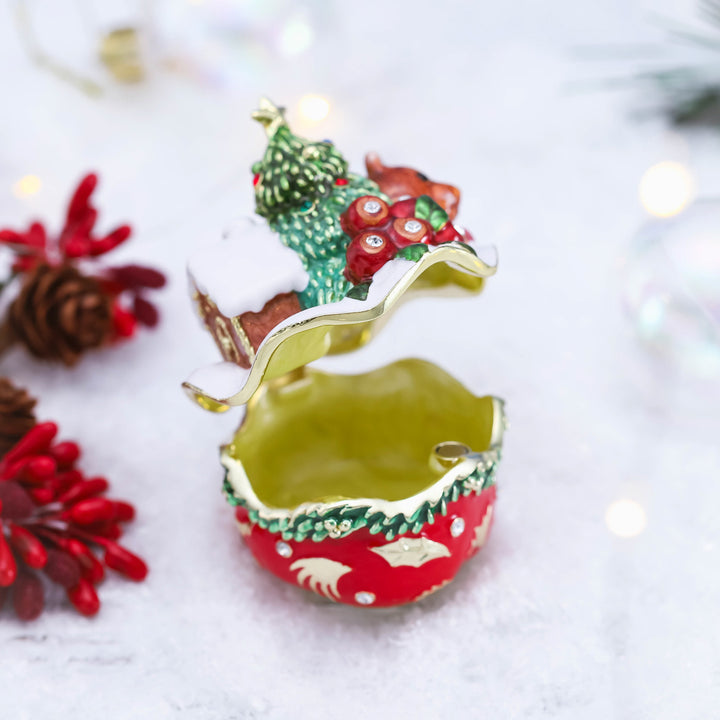 Winter Fluffy Bear Under Christmas Tree Jeweled Trinket Box