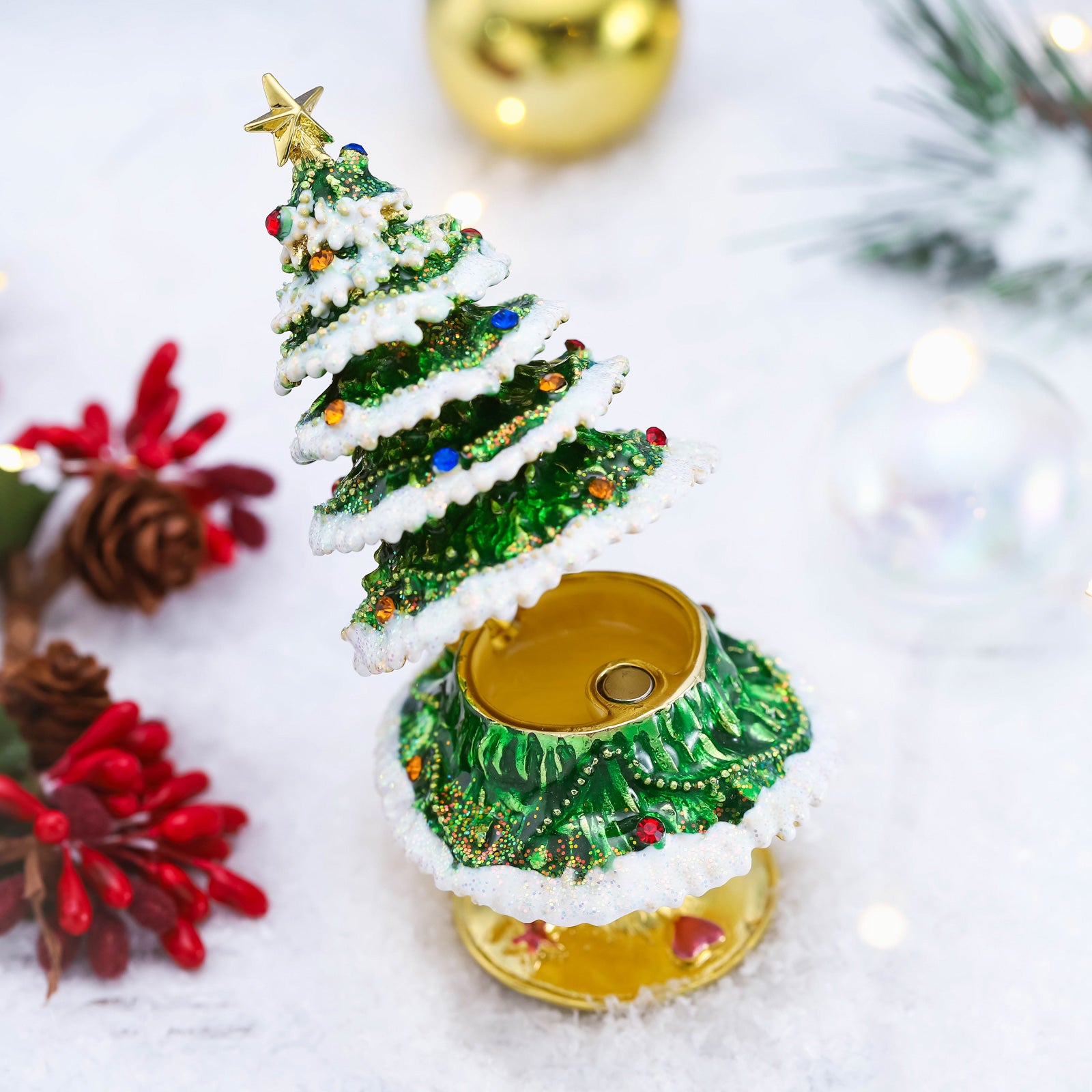 Winter Snow Christmas Tree Alloy Jeweled Trinket Box
