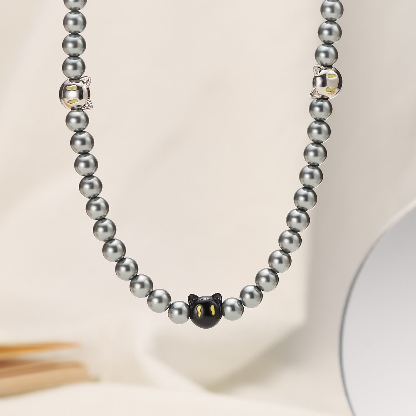 Black Cat Beads Brass Necklace