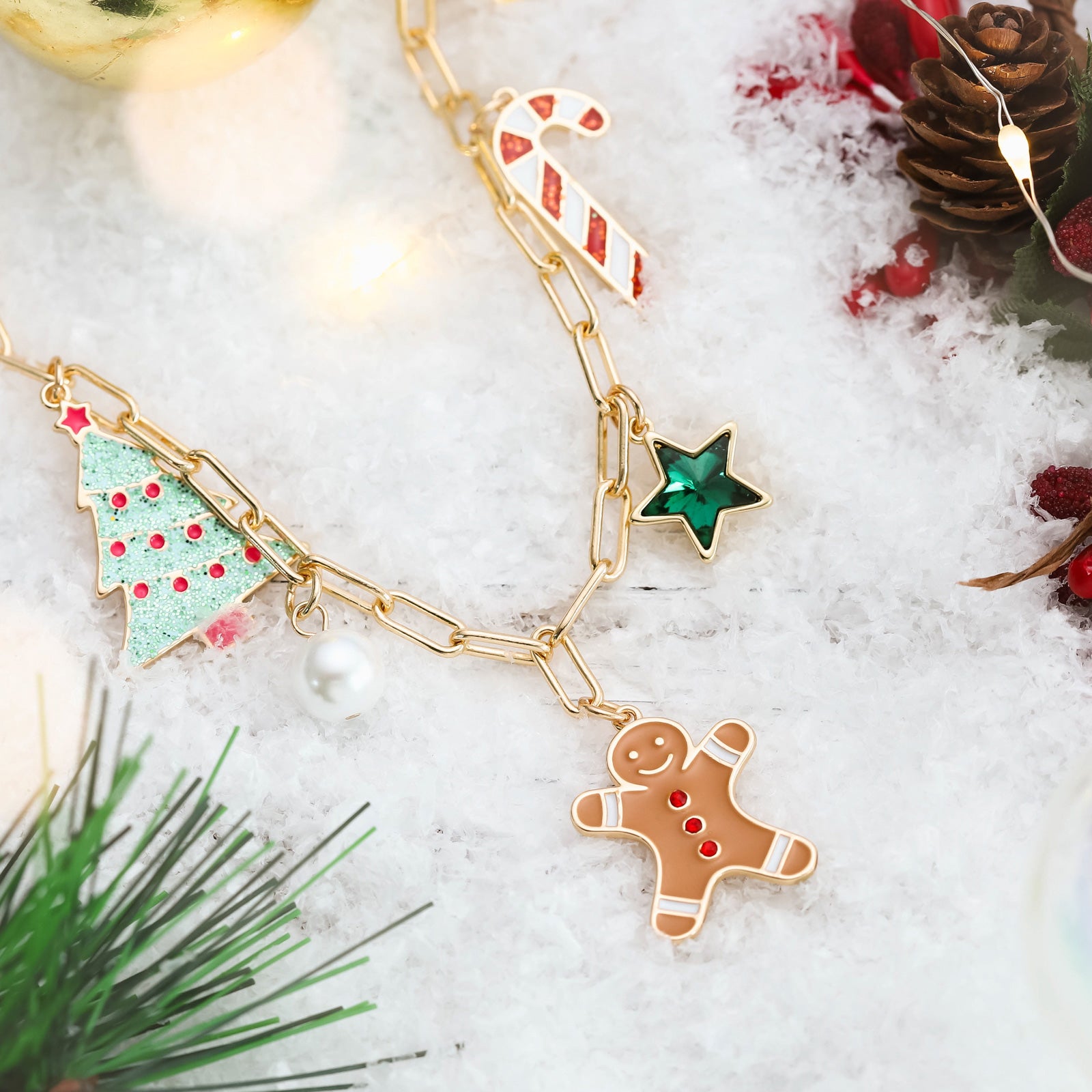 Christmas Tree Gingerbread Man Candy Cane Necklace