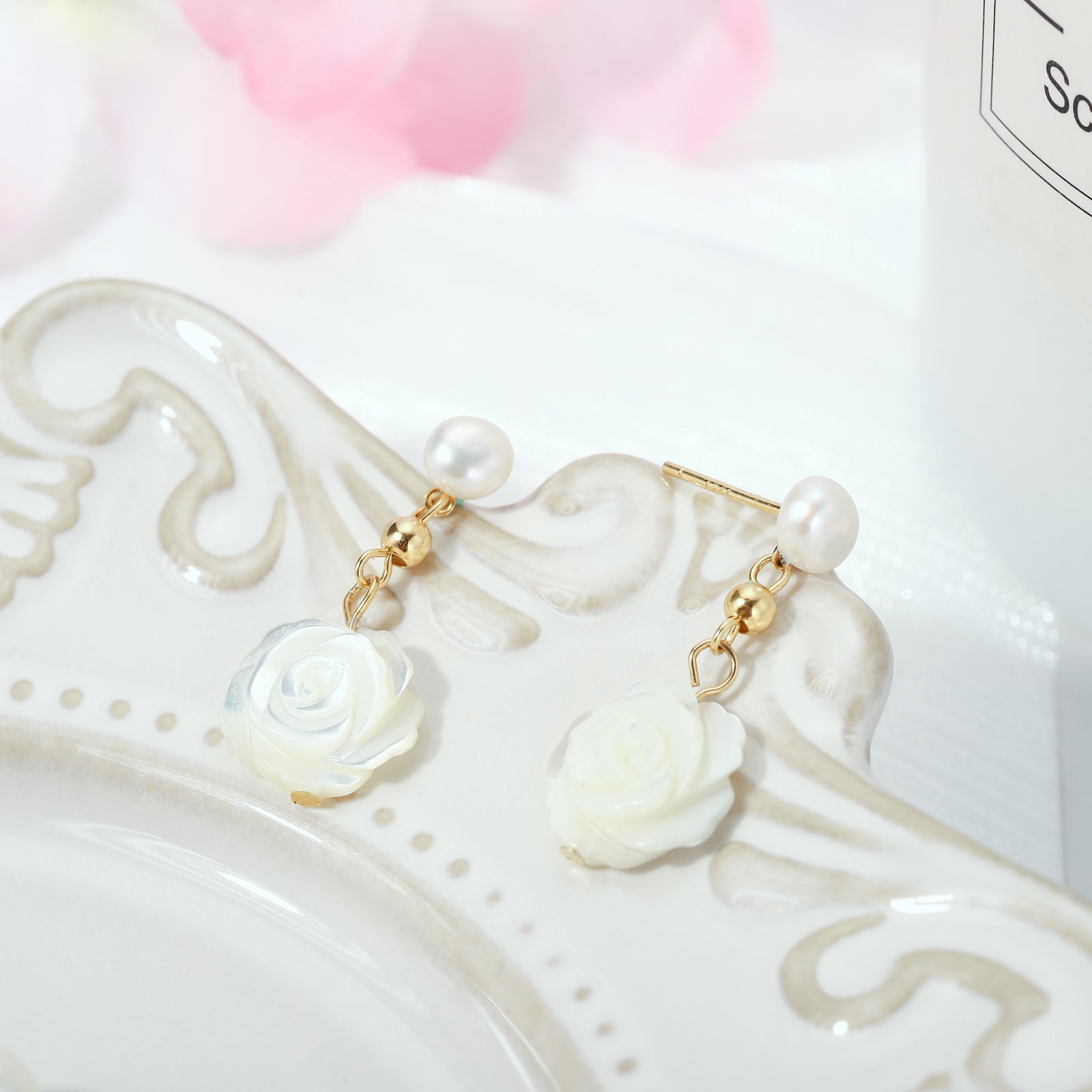White Rose Pearl Earrings