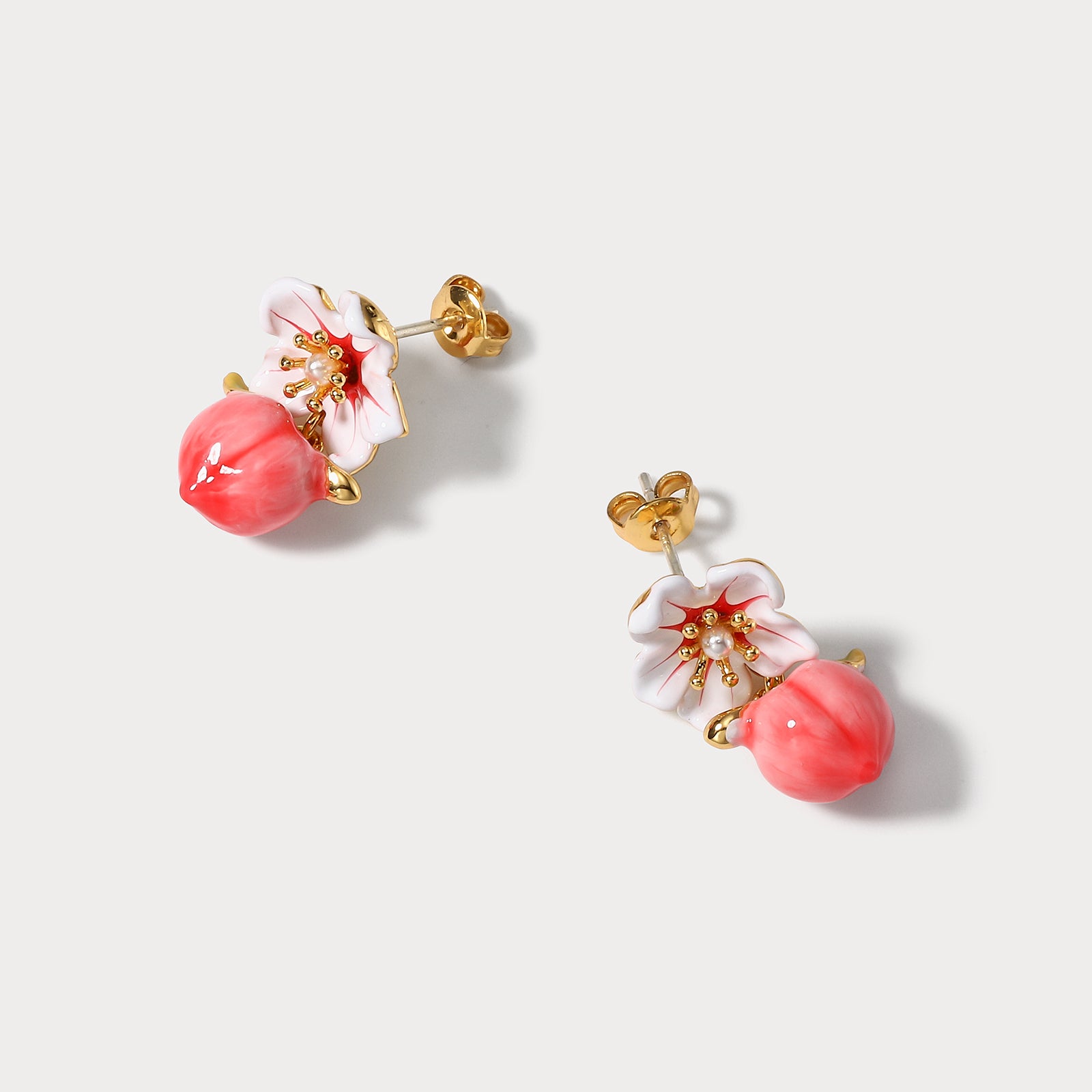 Peach Floral Gold Dangle Earrings