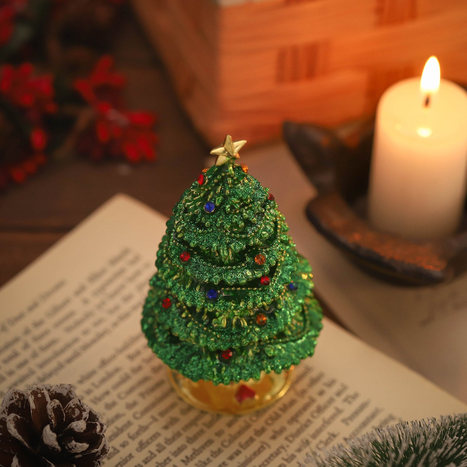Christmas Tree Alloy Jeweled Trinket Box