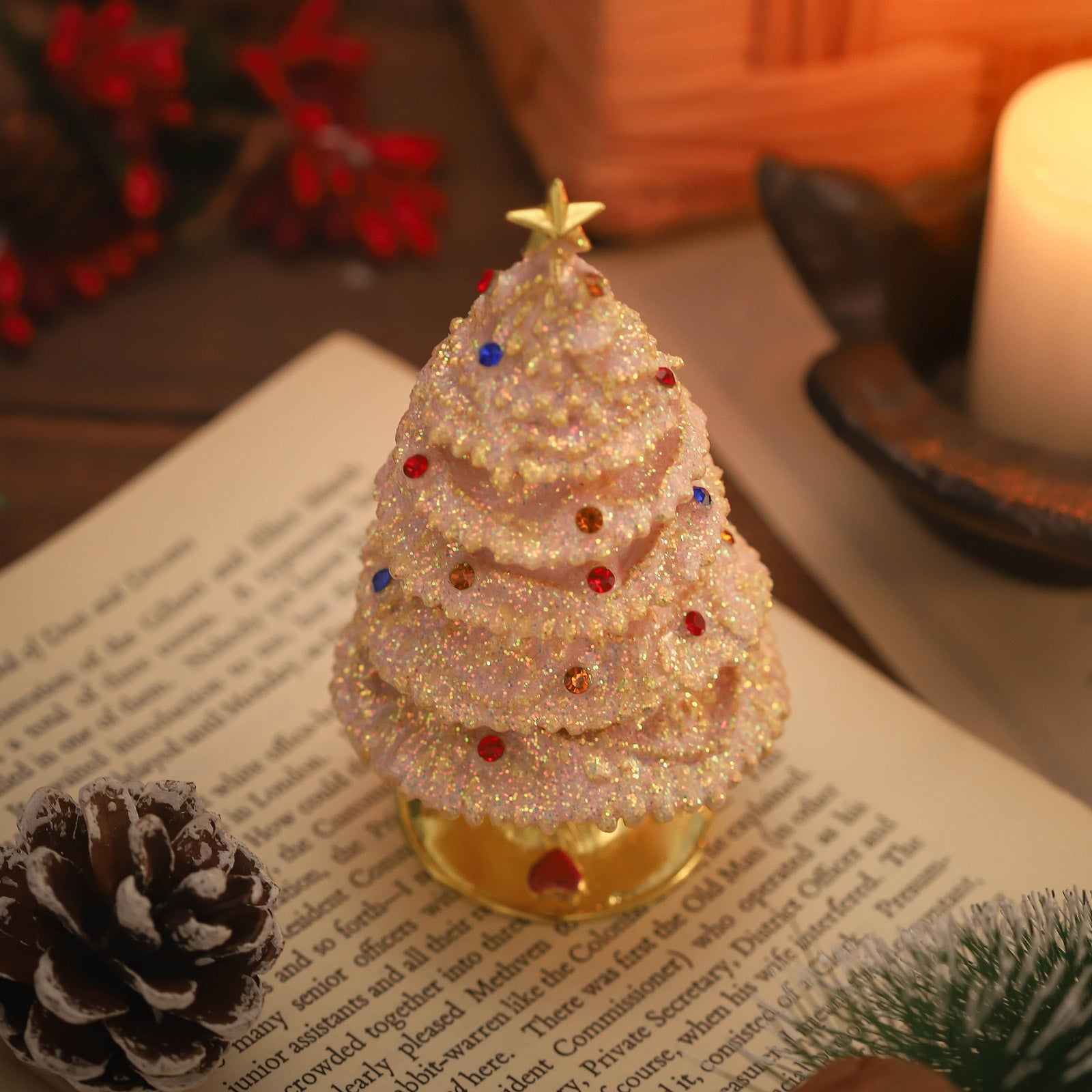 Pink Twinkle Christmas Tree Alloy Jeweled Trinket Box