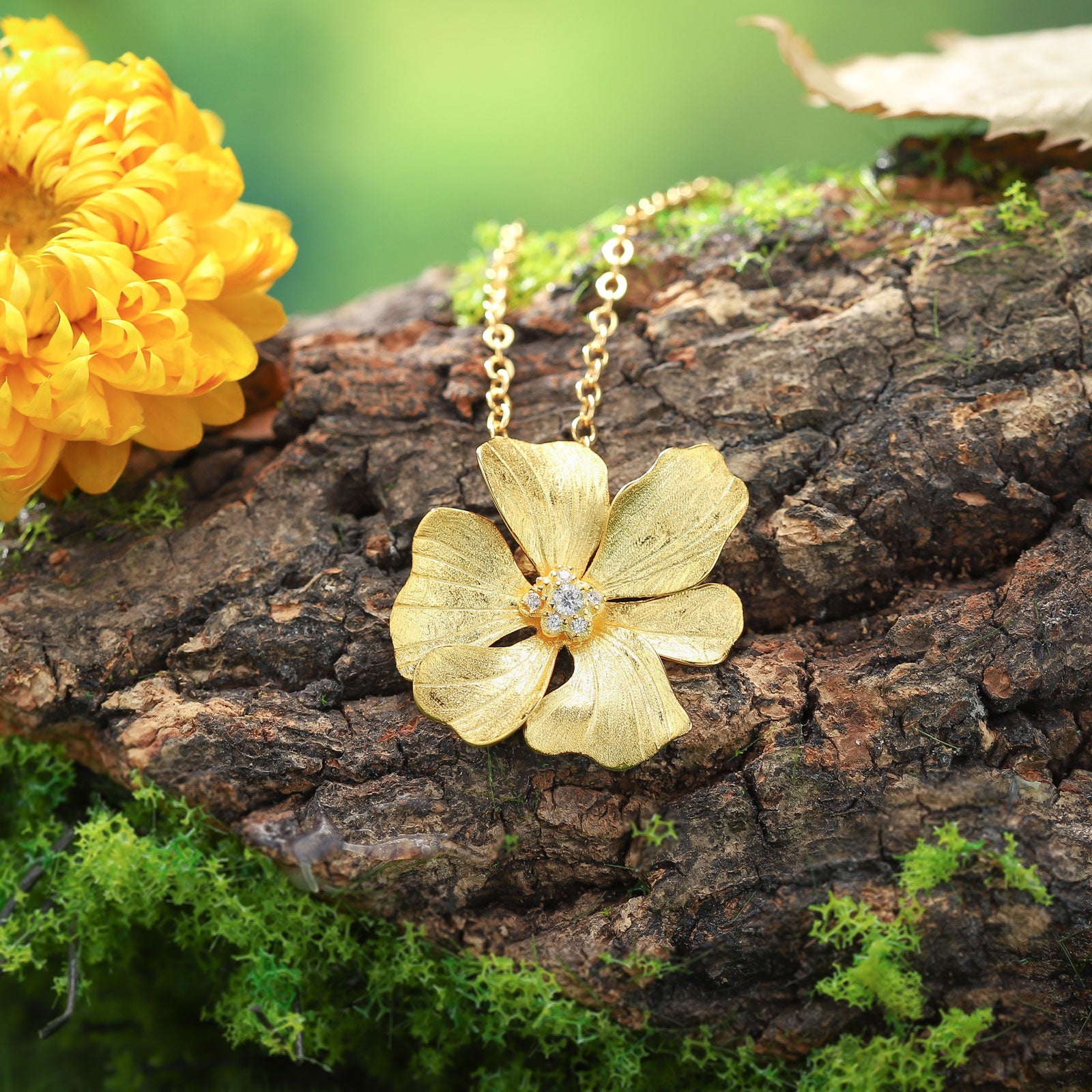 Golden Peony Silver Necklace