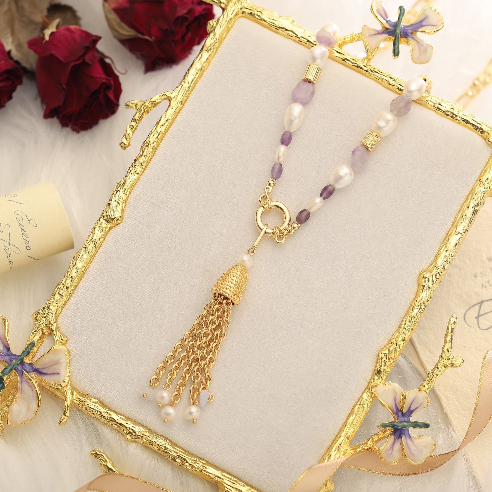 Purple Pearl Gold Tassel Necklace